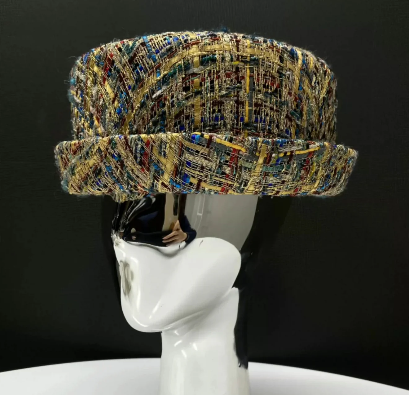 Chanel 19A Gold, Blue & Gray Tweed Boater Hat - Image 3
