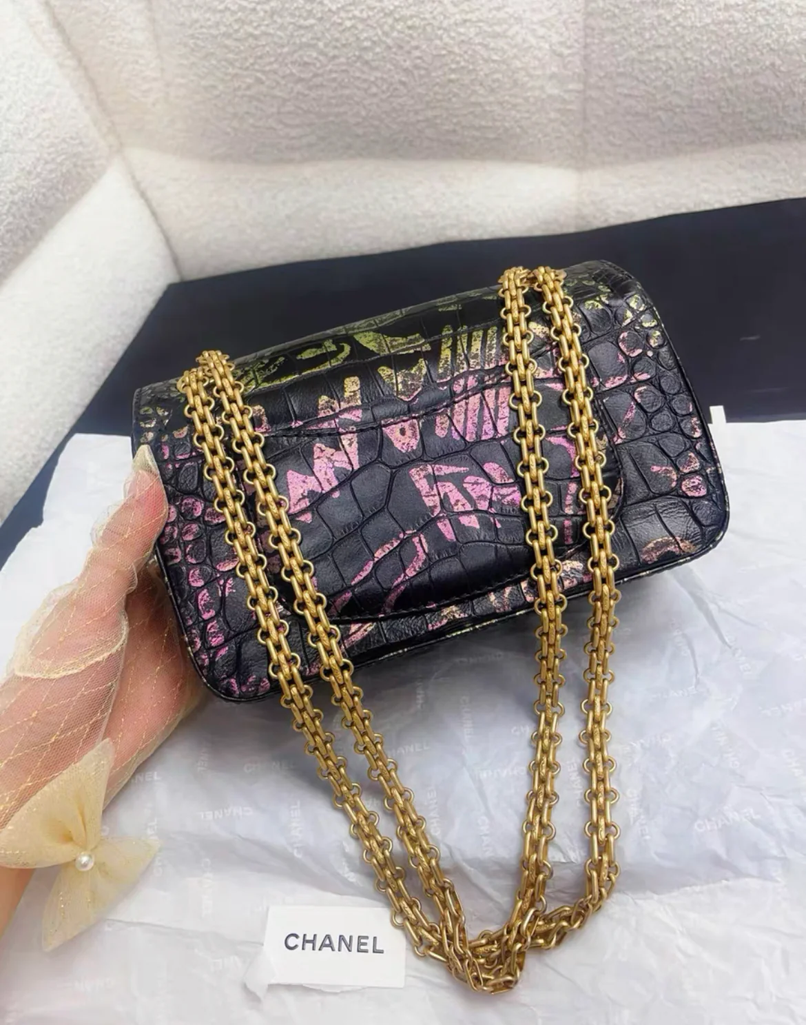 CHANEL 19A IRIDESCENT PINK, GREEN AND GOLD GRAFFITI PRINT BLACK CROCODILE 2.55 MINI CLASSIC FLAP BAG - Image 3