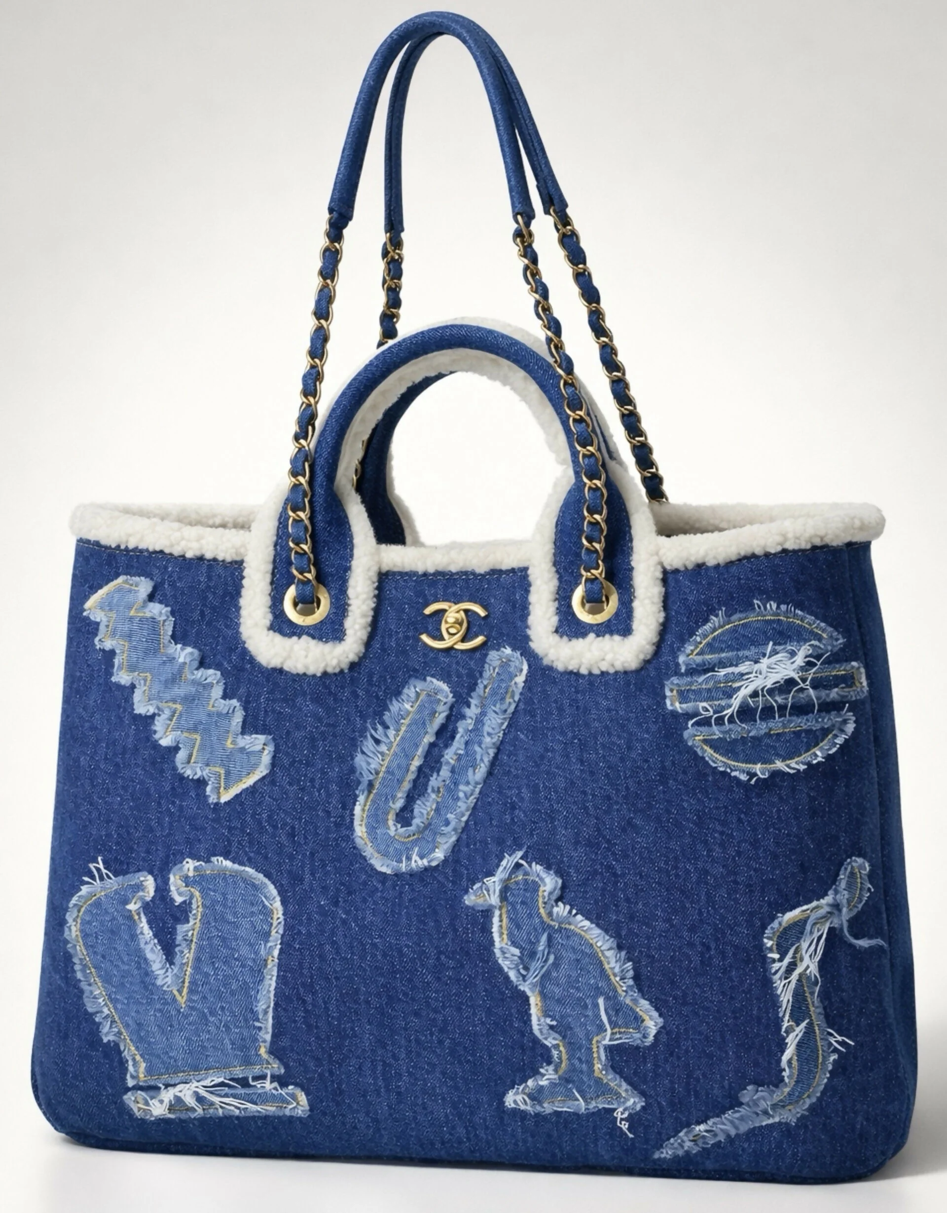 Chanel 19A New York Egypt Denim Shearling Hieroglyph Coco Shopping Tote - Image 3