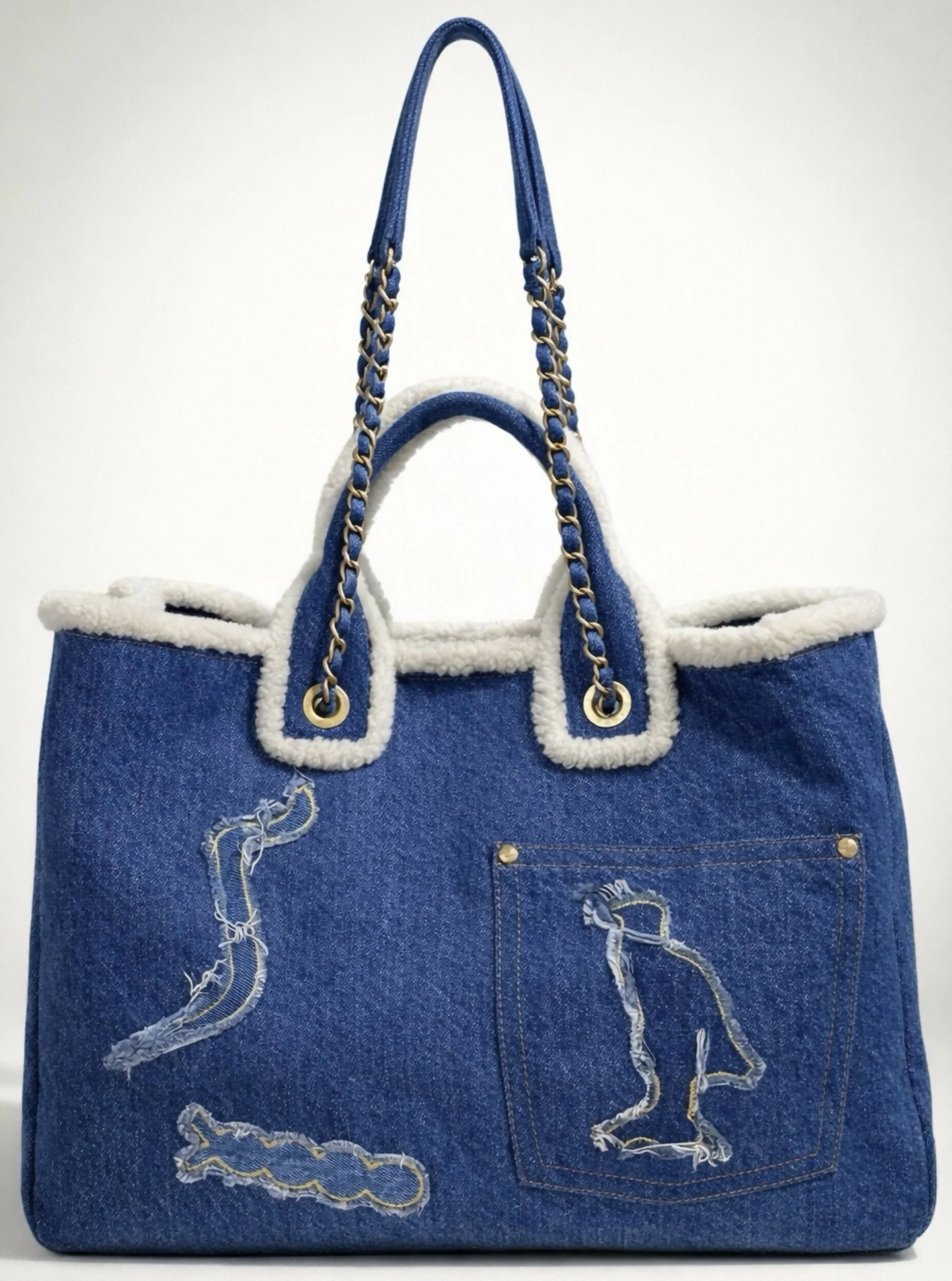 Chanel 19A New York Egypt Denim Shearling Hieroglyph Coco Shopping Tote - Image 4