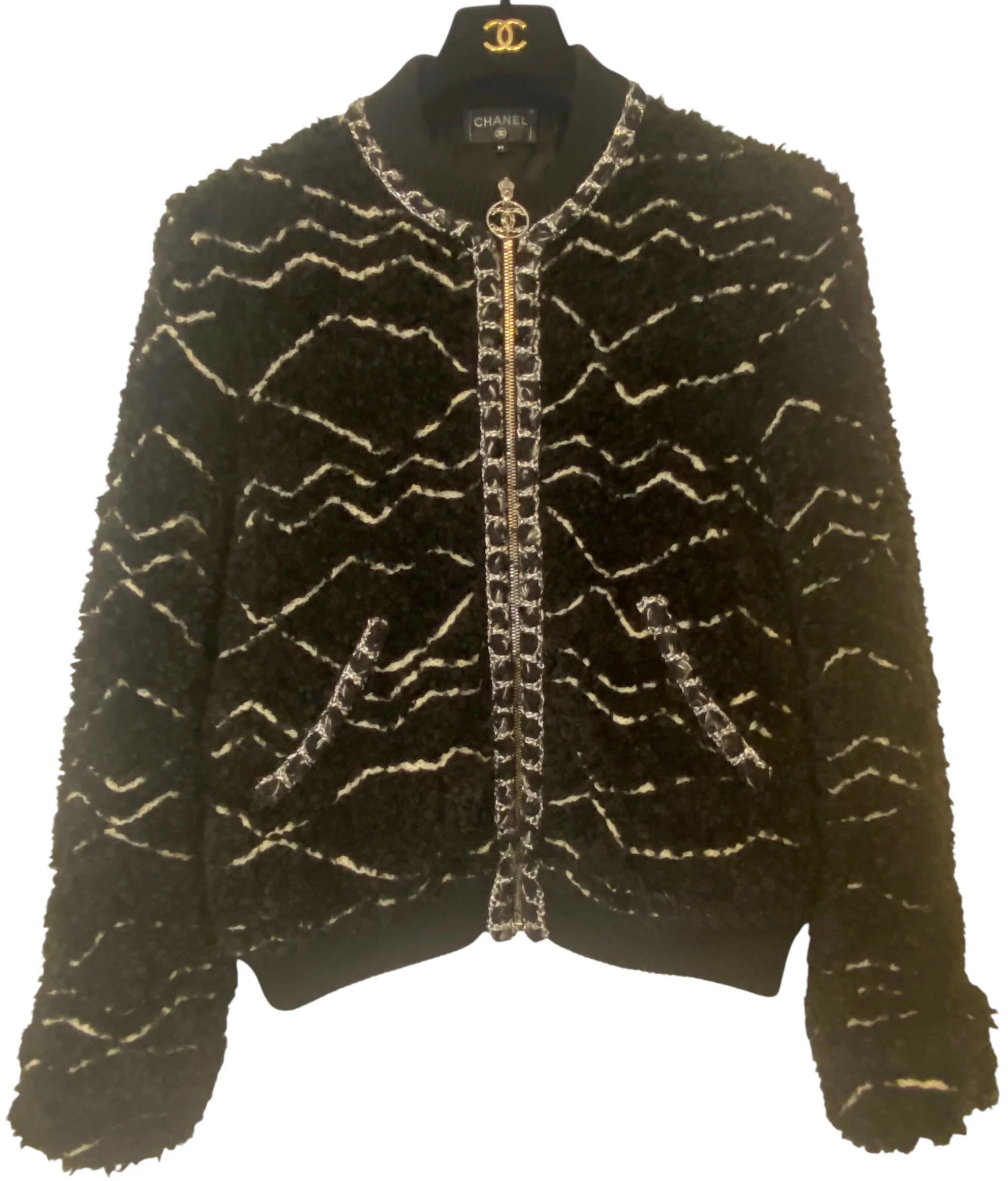 CHANEL 19B Black Alpaca CC Zipper Bomber Jacket Coat FR 36