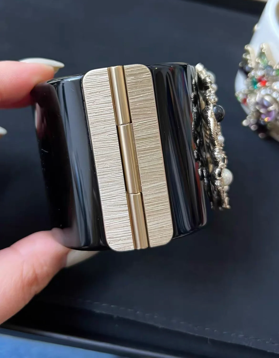 Chanel 19P Acrylic Gold & Crystal Double Strass Cuff Bracelet - Image 3