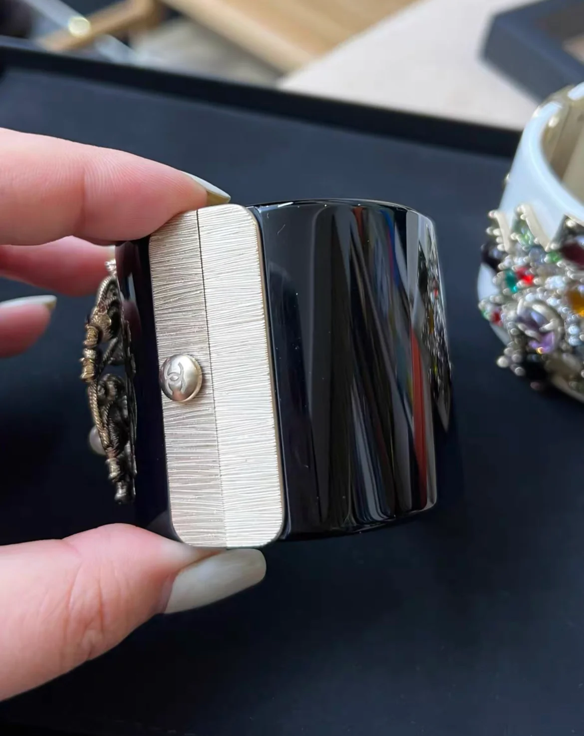 Chanel 19P Acrylic Gold & Crystal Double Strass Cuff Bracelet - Image 4