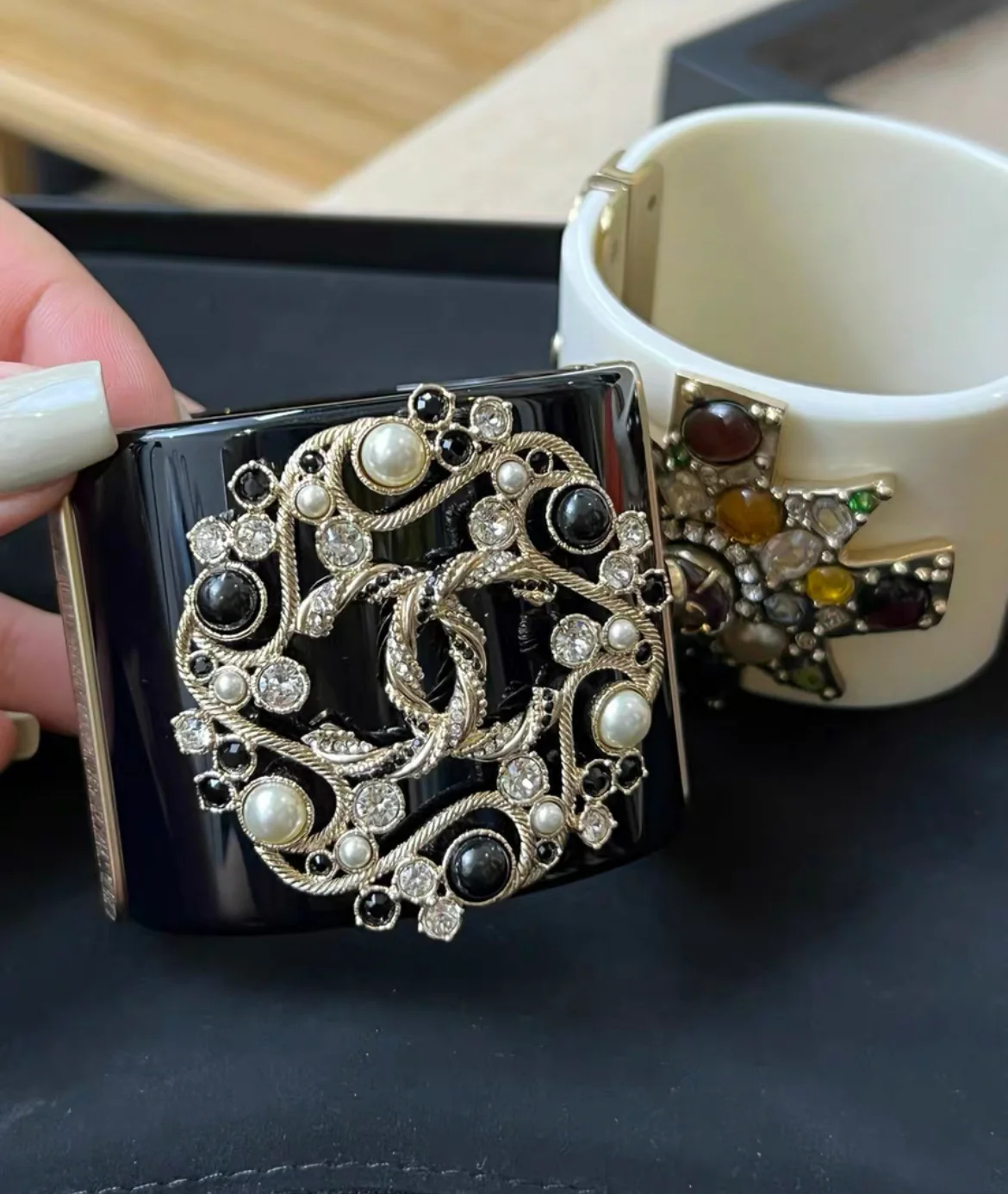 Chanel 19P Acrylic Gold & Crystal Double Strass Cuff Bracelet - Image 5