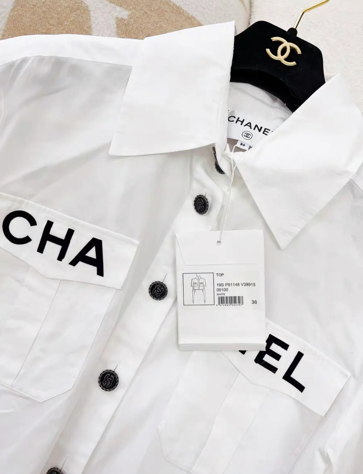 Chanel 19S LOGO CROP BLOUSE SHIRTS TOP IN WHITE size 36 - Image 2