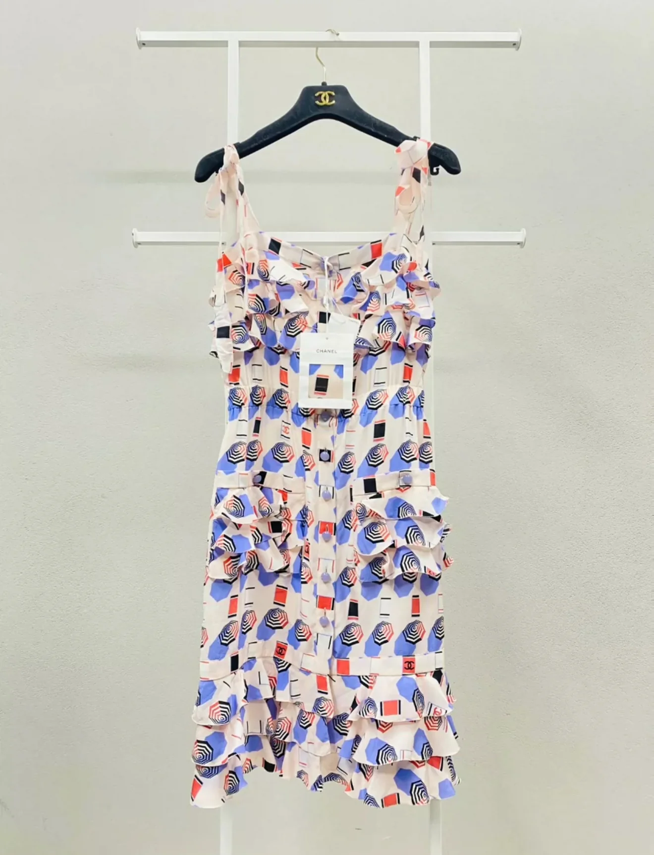 Chanel 19S Nude, Purple, Red & Black Printed Crepe de Chine Dress