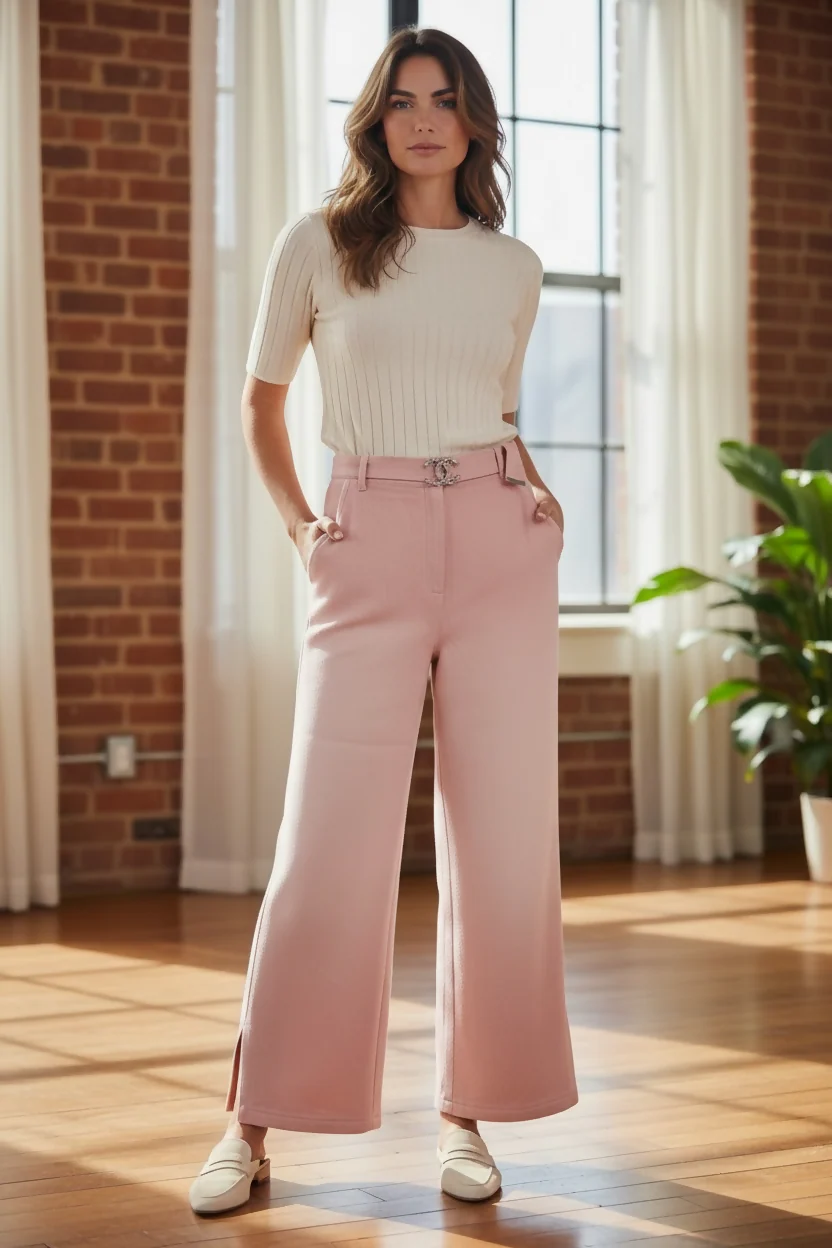 Chanel 19S Sand by the Sea CC Buckle Light Pink Cotton Wide Leg Jeans FR 44 - Image 2