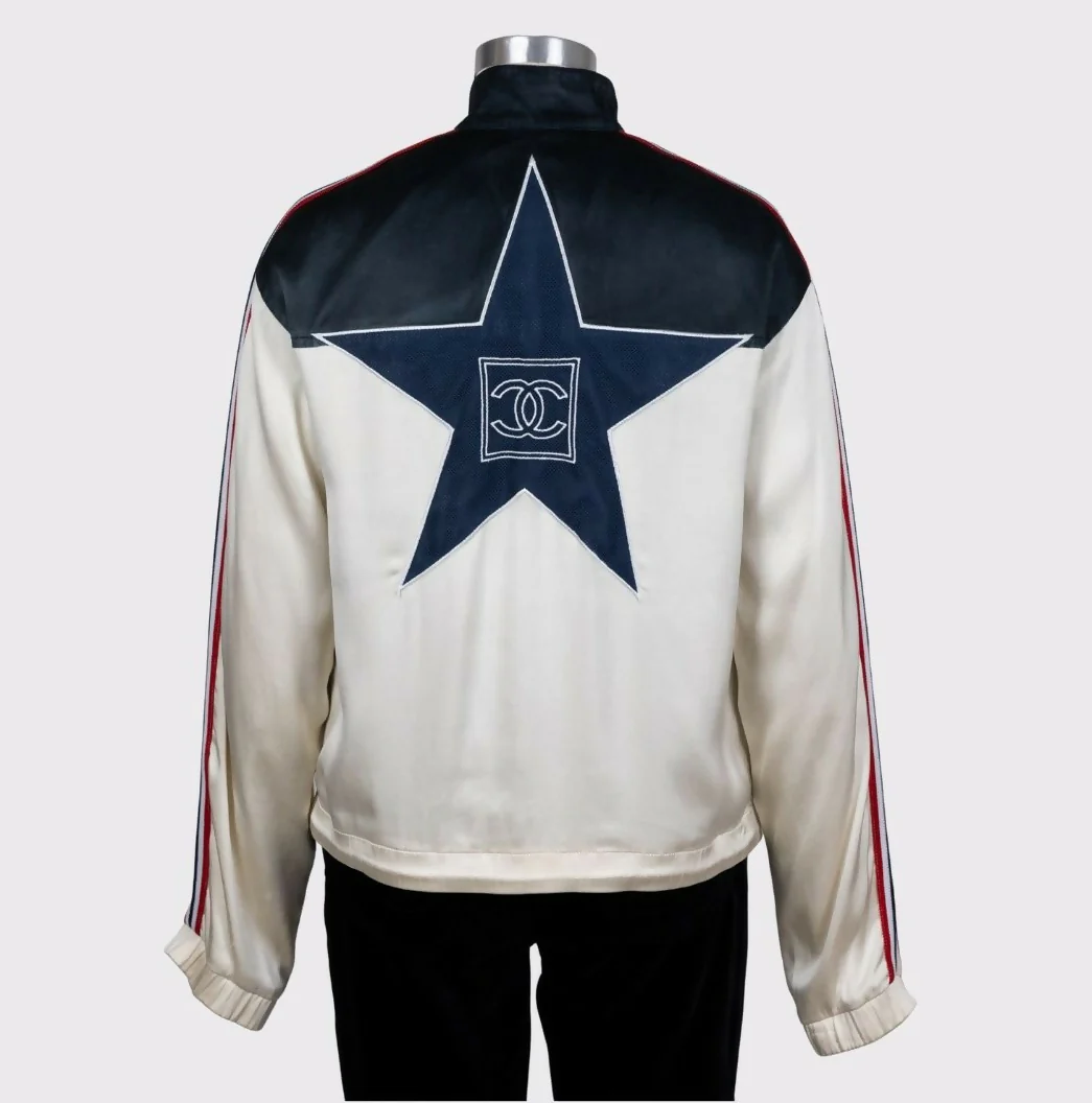 Chanel 2002 Spring/Summer Vintage Cream CC Logo Star Bomber Jacket