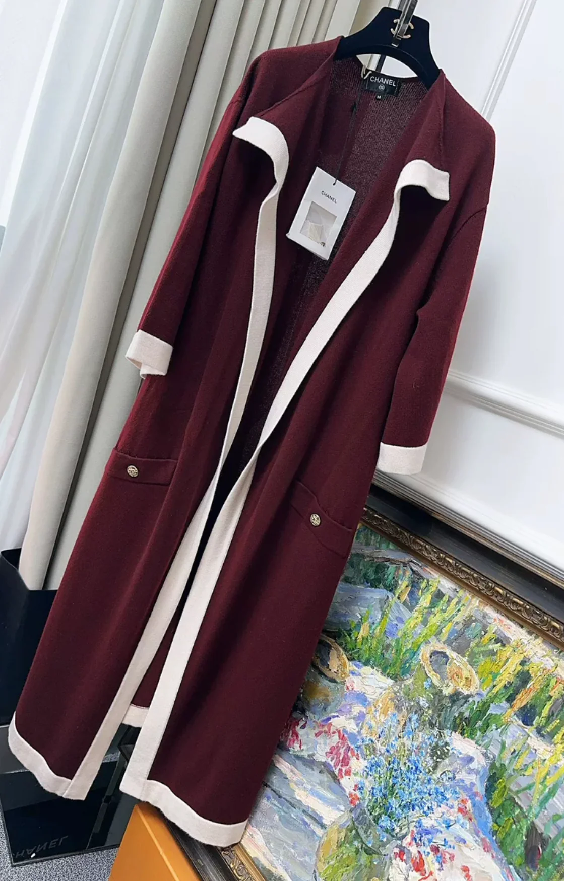 Chanel 2016 Burgundy & Ecru Cashmere Coat