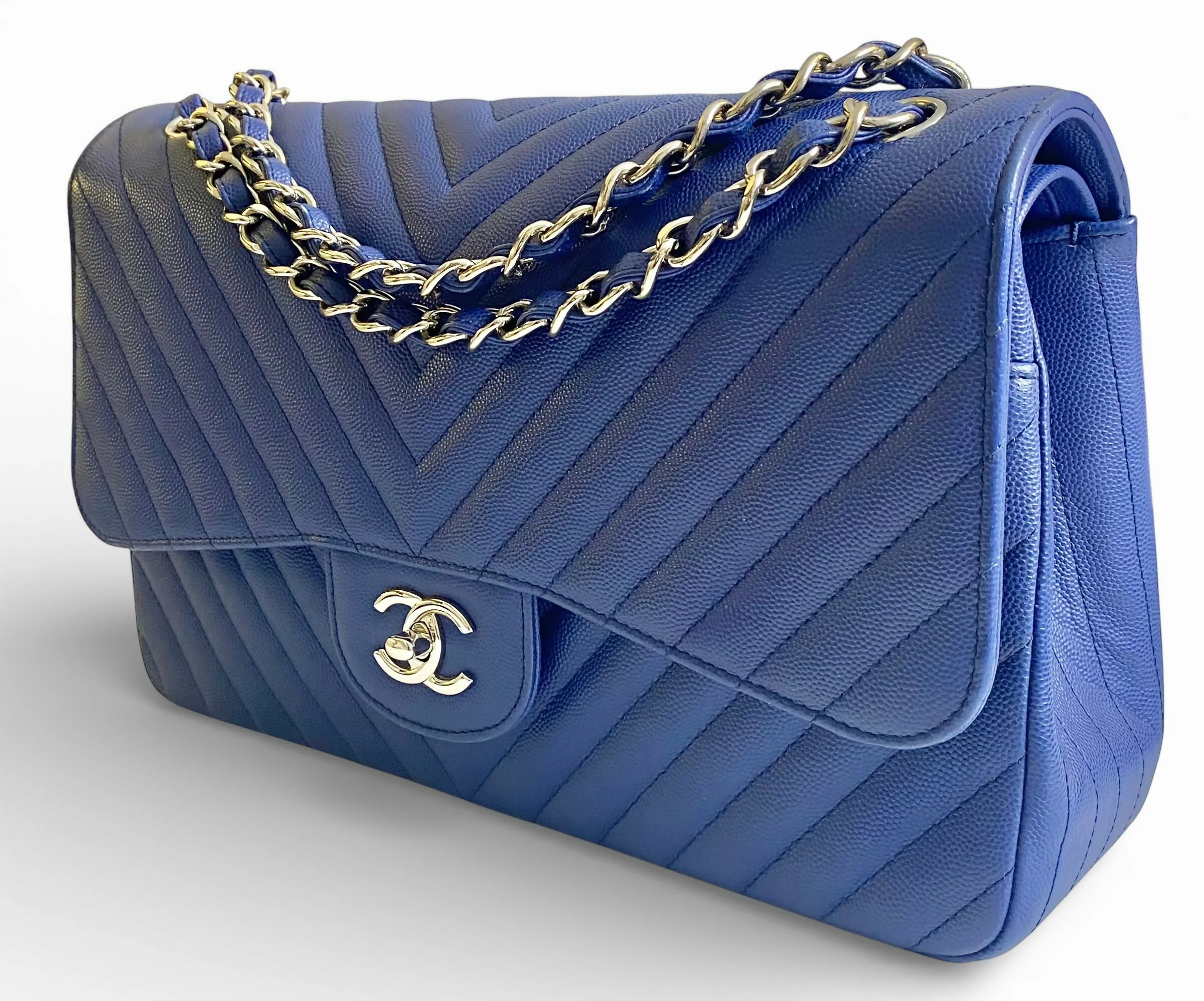 Chanel 2019 Caviar Royal Blue Jumbo Chevron Double Flap Timeless Classic Bag SHW - Image 4