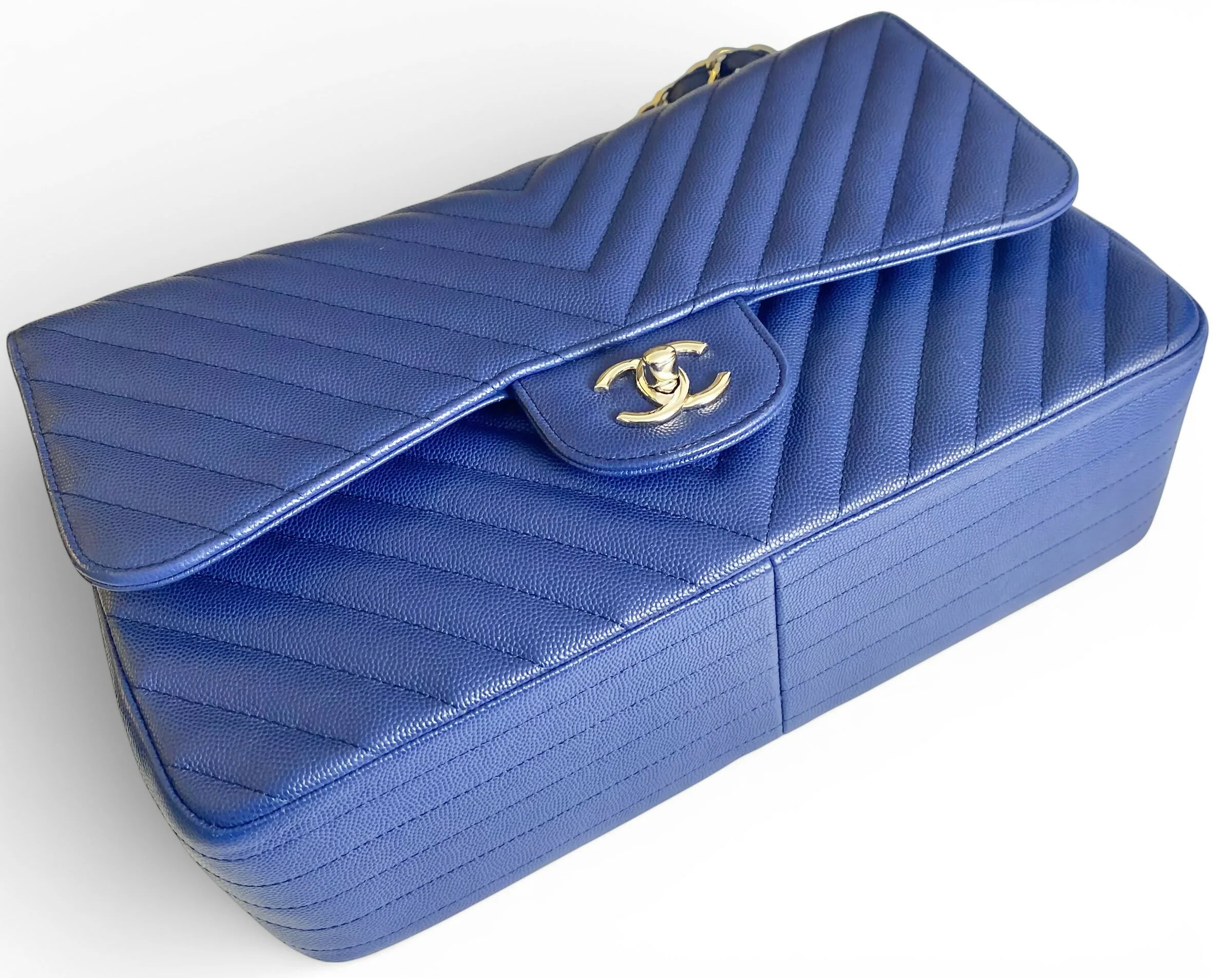 Chanel 2019 Caviar Royal Blue Jumbo Chevron Double Flap Timeless Classic Bag SHW - Image 5