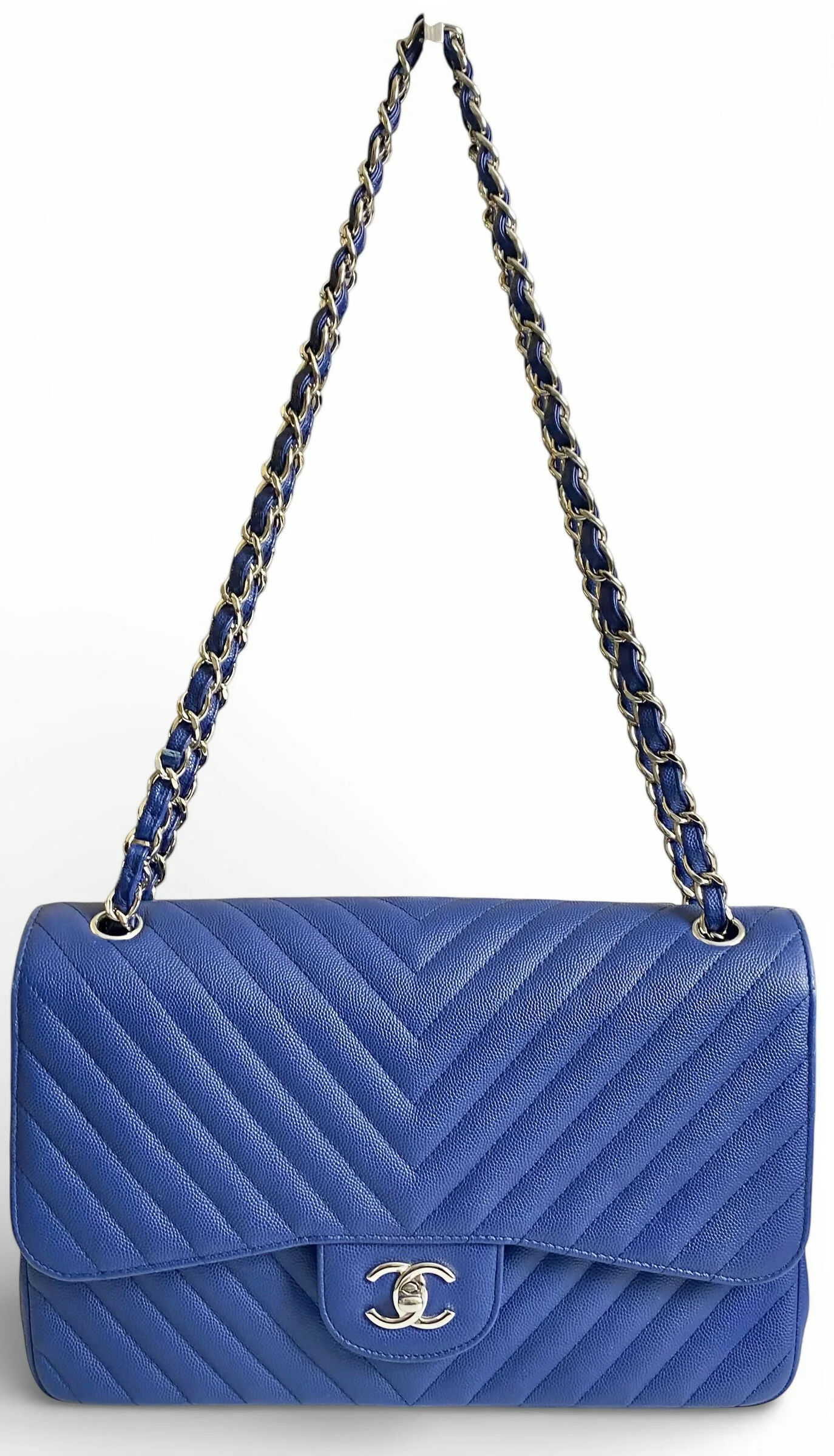 Chanel 2019 Caviar Royal Blue Jumbo Chevron Double Flap Timeless Classic Bag SHW - Image 7