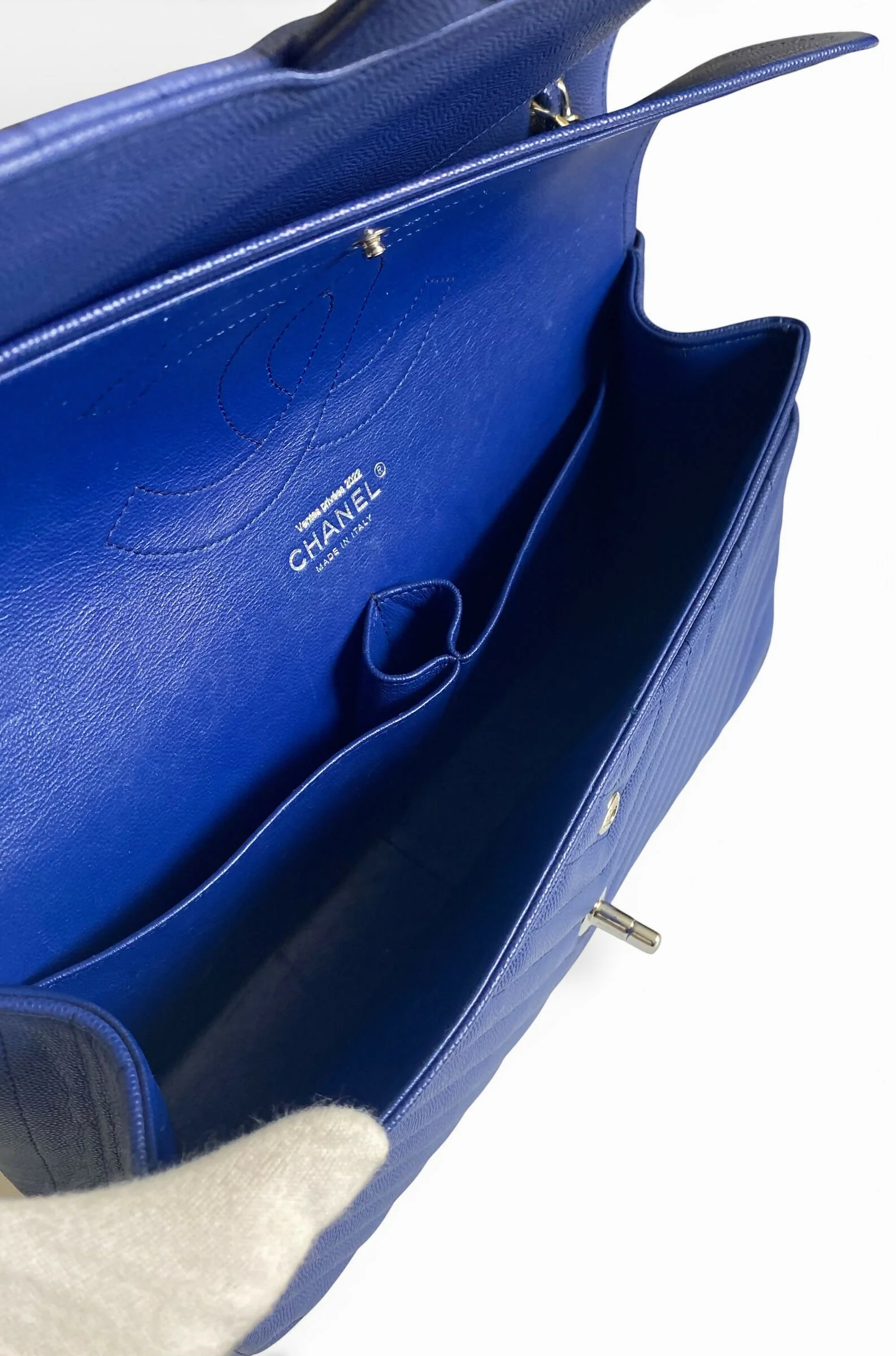 Chanel 2019 Caviar Royal Blue Jumbo Chevron Double Flap Timeless Classic Bag SHW - Image 9