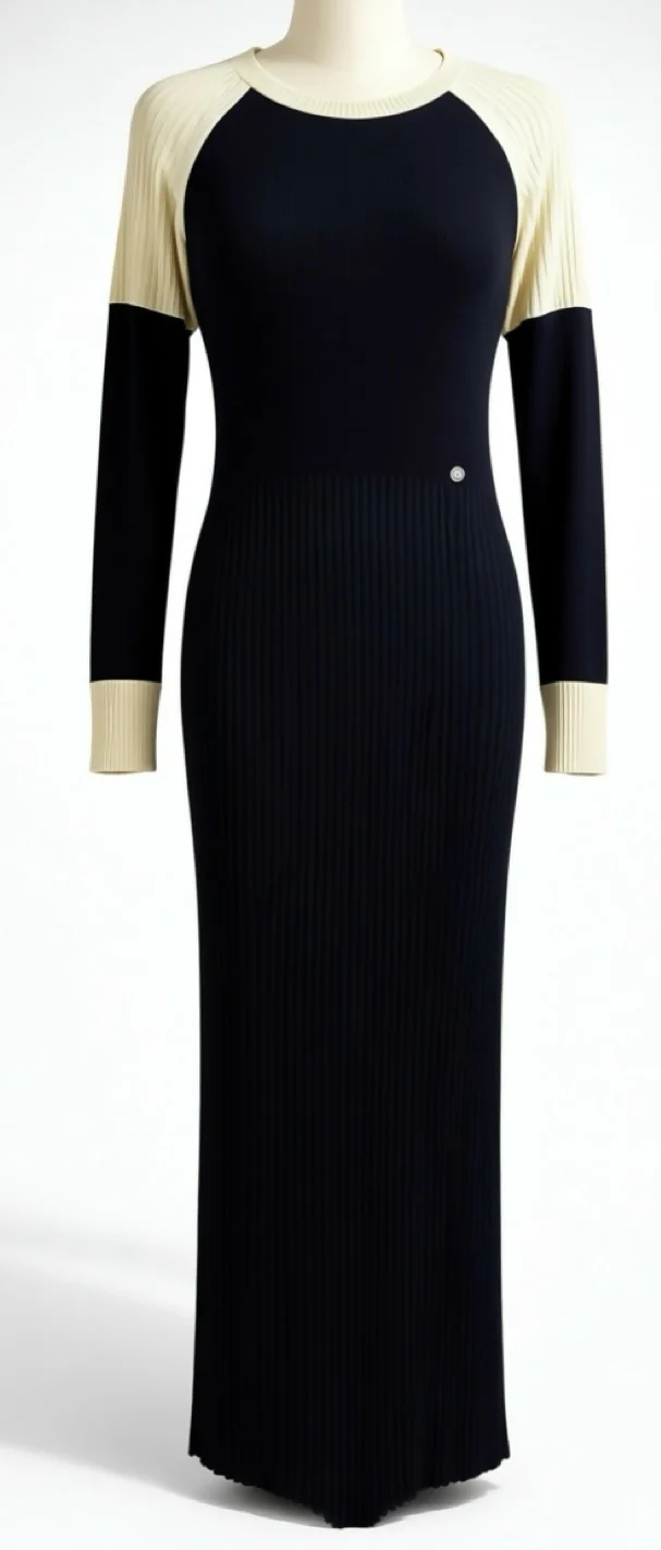 CHANEL 2019 MAXI BLACK CREAM WOOL SWEATER DRESS FR 44
