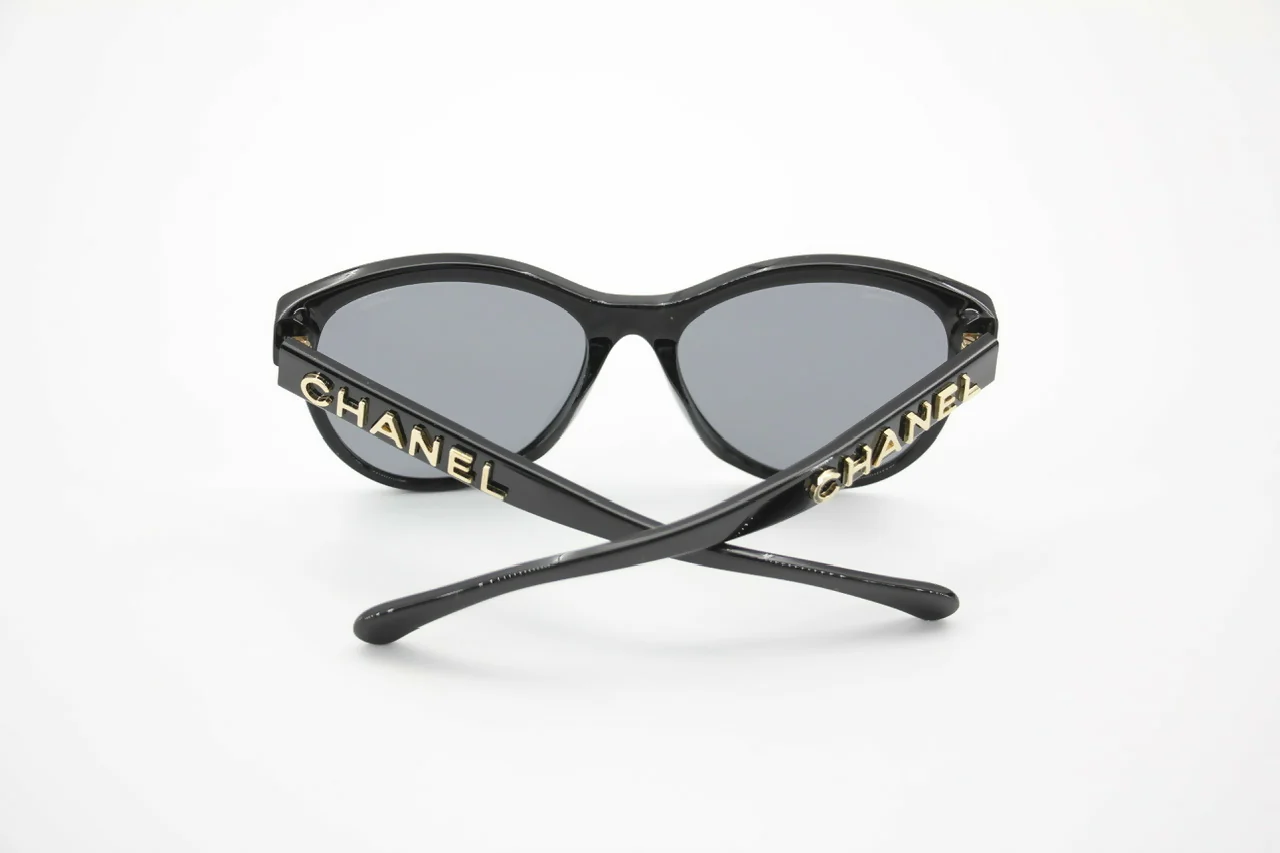 Chanel 2021 Resin Black with Gold-Tone Lettering Sunglasses - Image 3