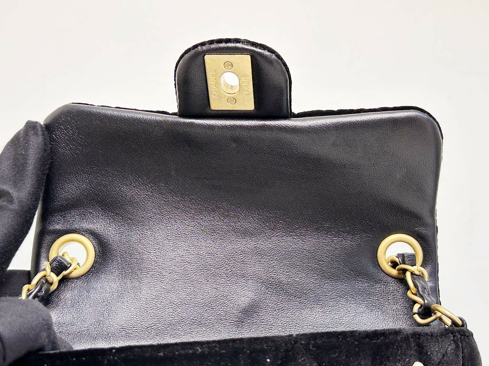Chanel 2022 Mini Flap Bag in Black Velvet with Pearls and Gold Hardware - Image 8