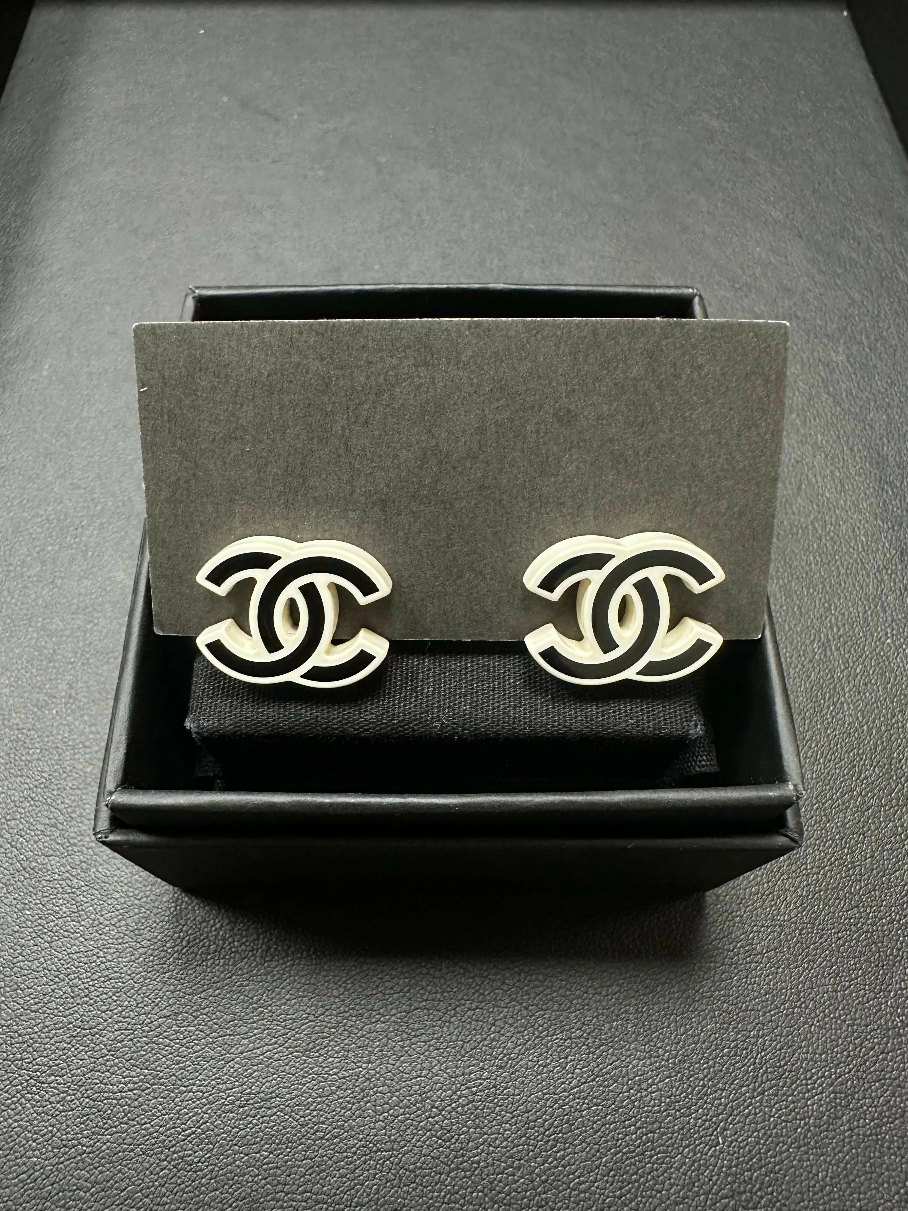 Chanel 2022 Resin Black White Black Simple CC Stud Earrings