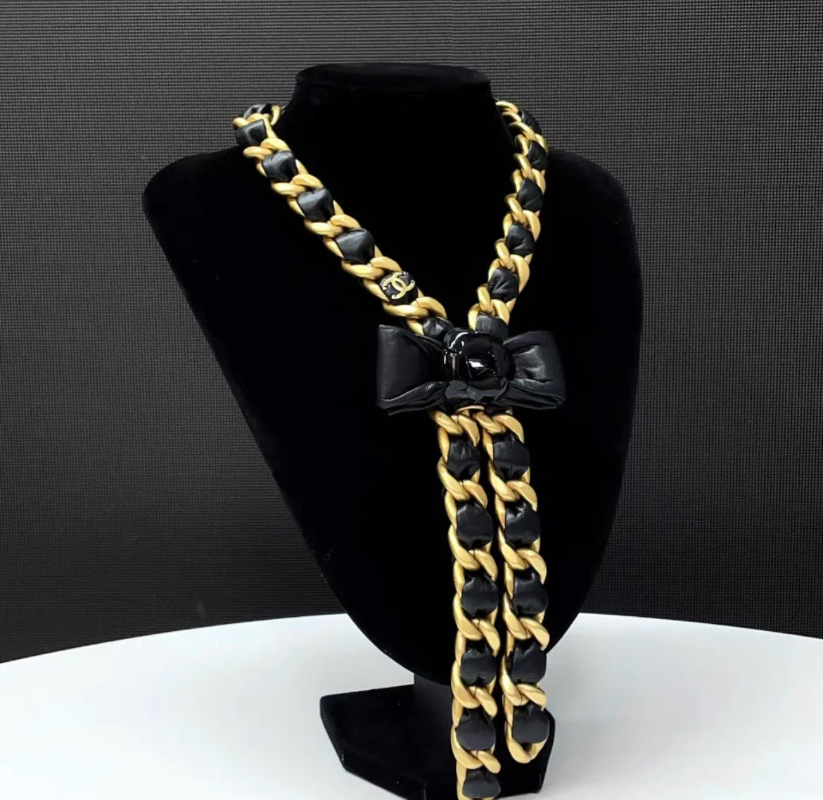 Chanel 20A tie style gold & black ribbon bow with camellia flower leather chain necklace - Image 8