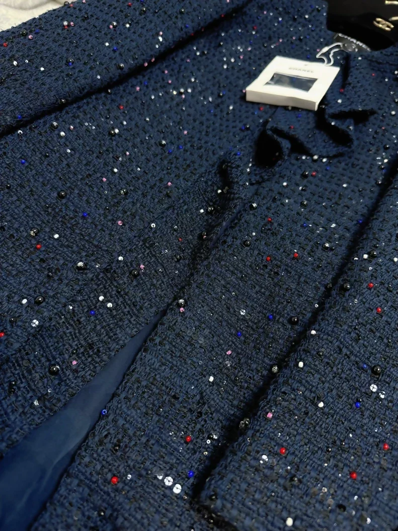 Chanel 20C Embroidered Ruffled Navy Blue Coat - Image 2