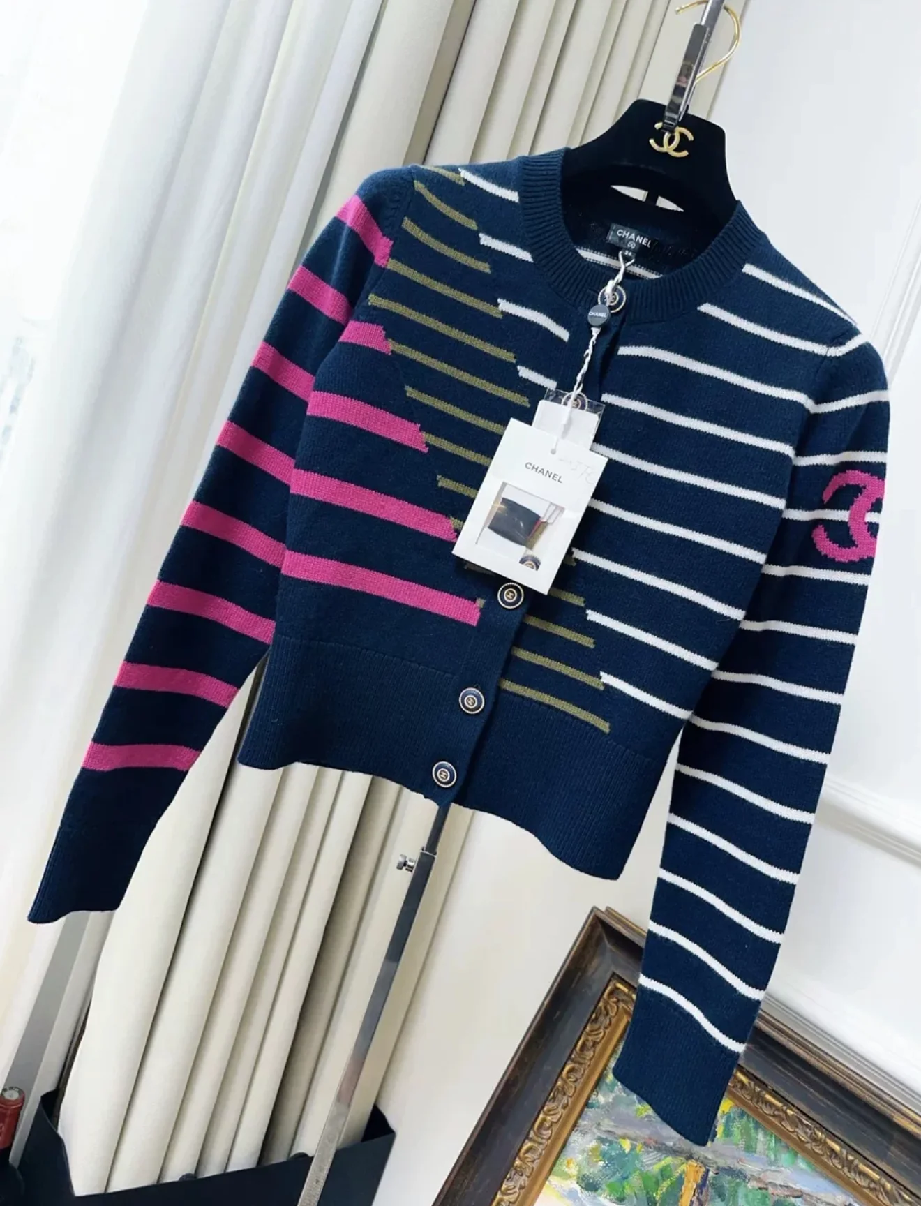 Chanel 20C Station Navy Blue Patched Striped Knitted Cardigan Jacket