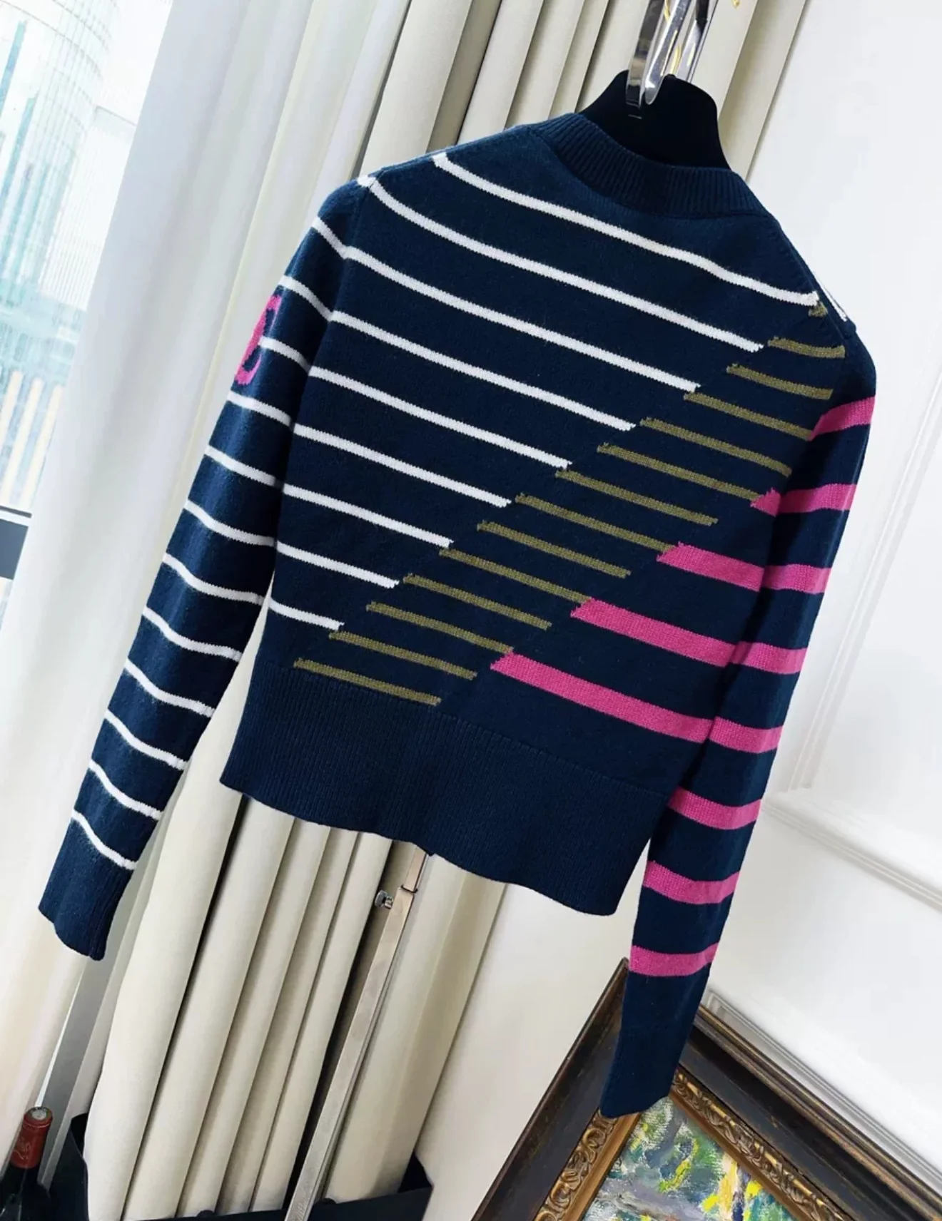 Chanel 20C Station Navy Blue Patched Striped Knitted Cardigan Jacket - Image 2