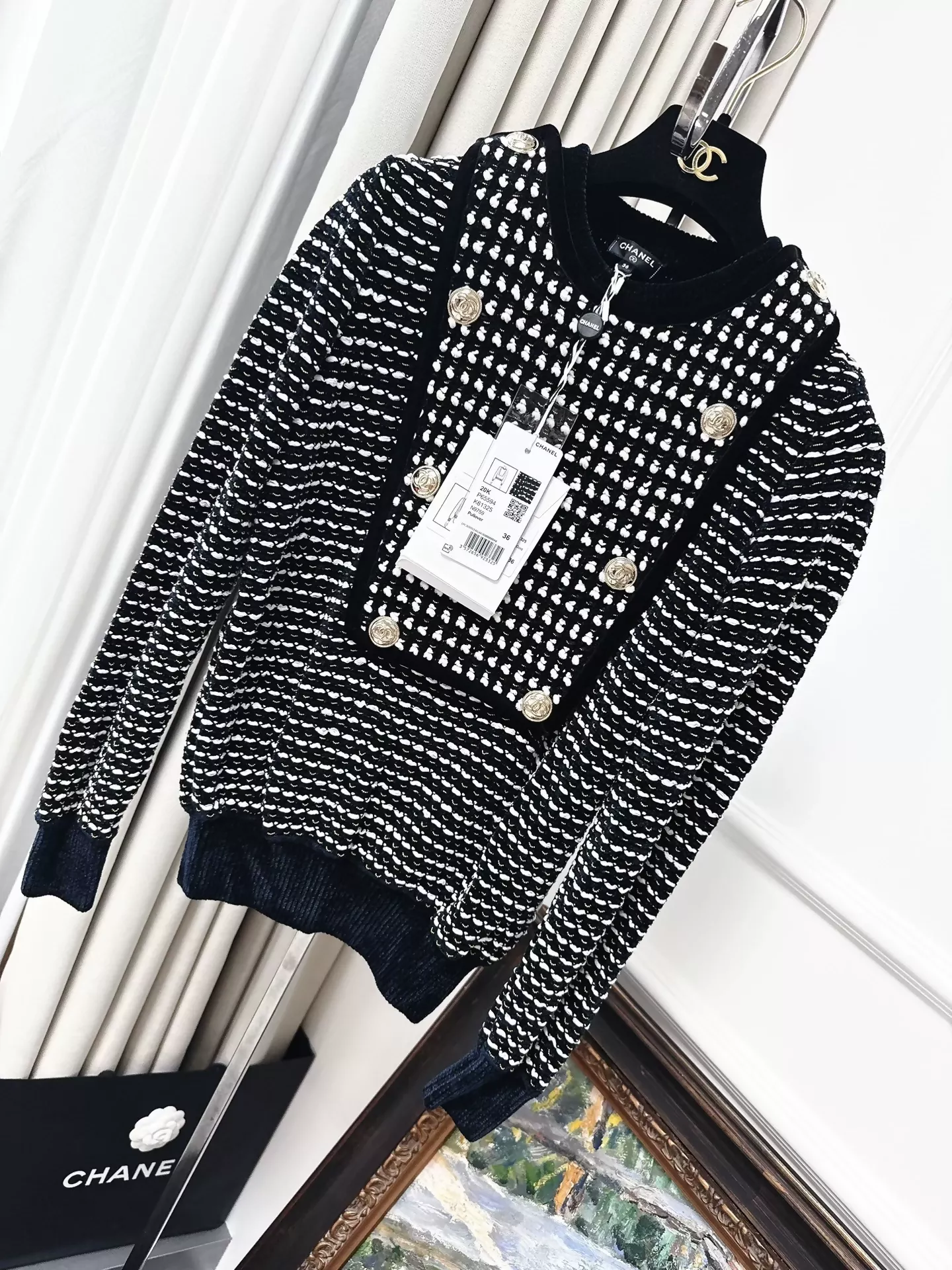 Chanel 20K Black and White Striped Velvet Sweater