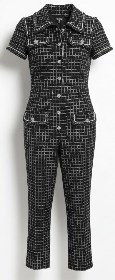 Chanel 20S Black Metallic Silver Iridescent One Piece Jumpsuit FR 38