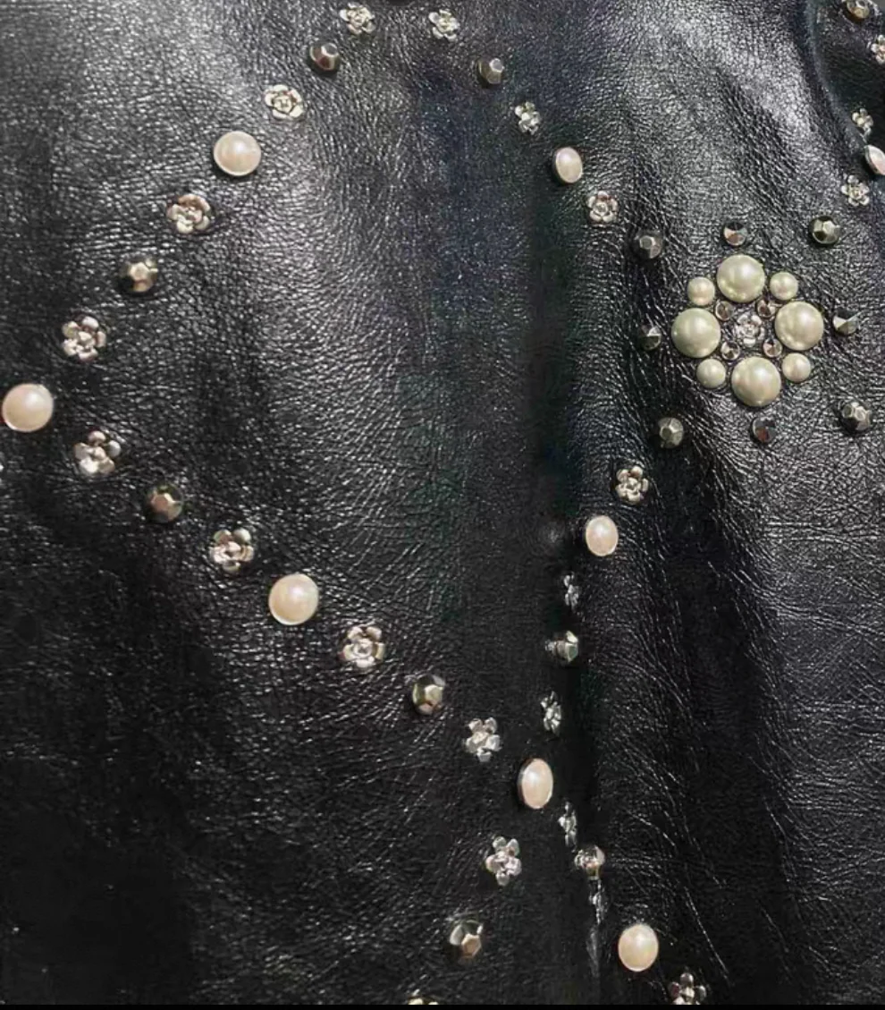 Chanel 21A black leather Jacket with Pearls & Rhinestones - Image 3