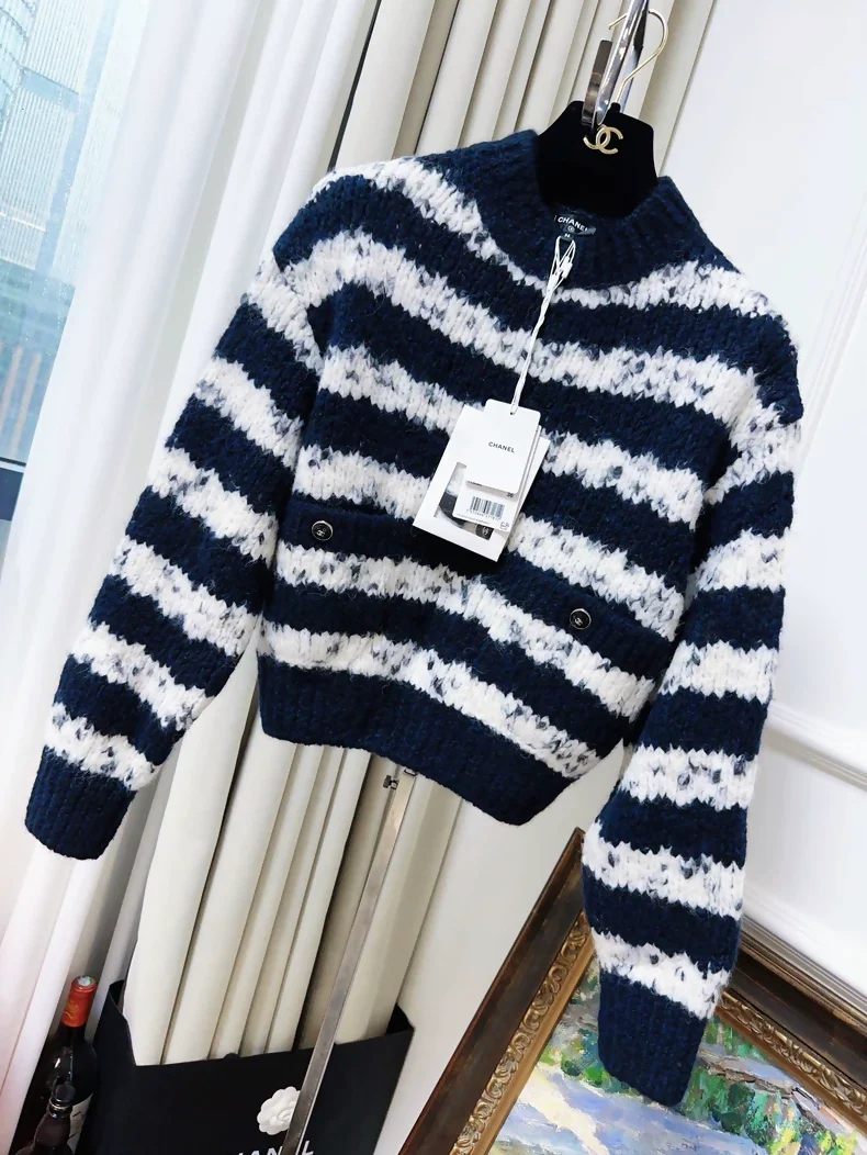Chanel 21B blue and white knit striped sweater
