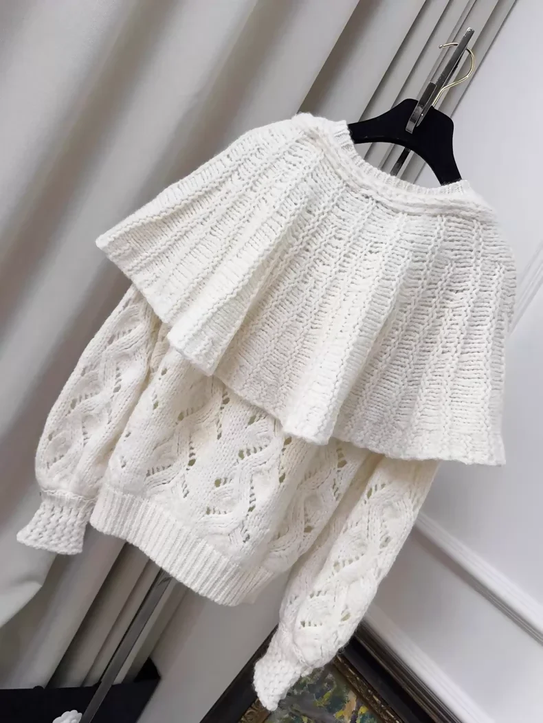 Chanel 21B White Bow Tie Cape Sweater with Heart-Button - Image 2