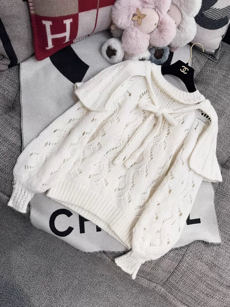 Chanel 21B White Bow Tie Cape Sweater with Heart-Button - Image 3
