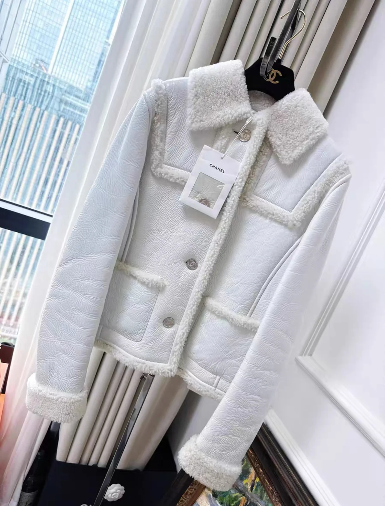 Chanel 21B white ecru shearling jacket