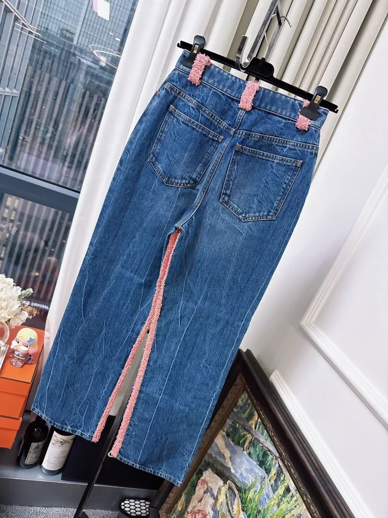 Chanel 21C denim orange-pink tweed straight-leg jeans - Image 2