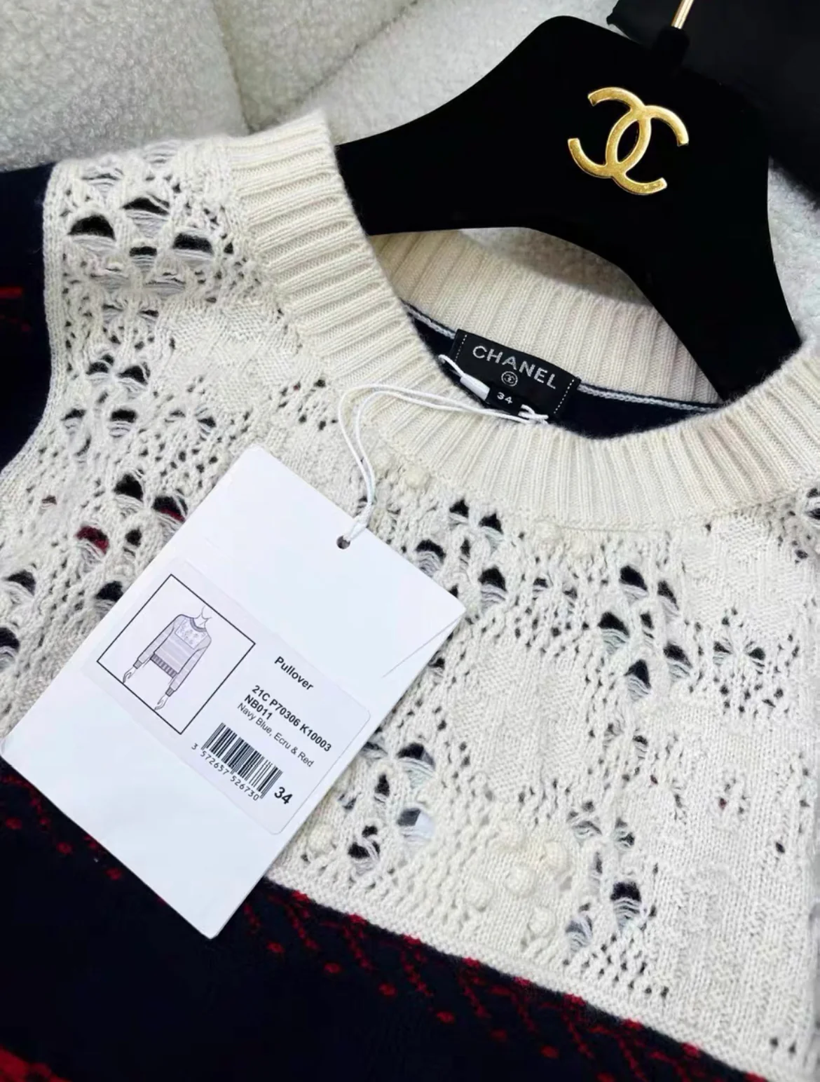 Chanel 21C Navy Blue, Ecru & Red Pullover size 34 - Image 2