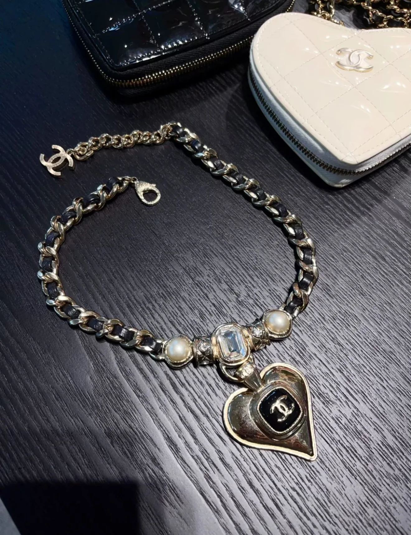 Chanel 21K Black Gold Leather Chain Double CC Heart Necklace - Image 2
