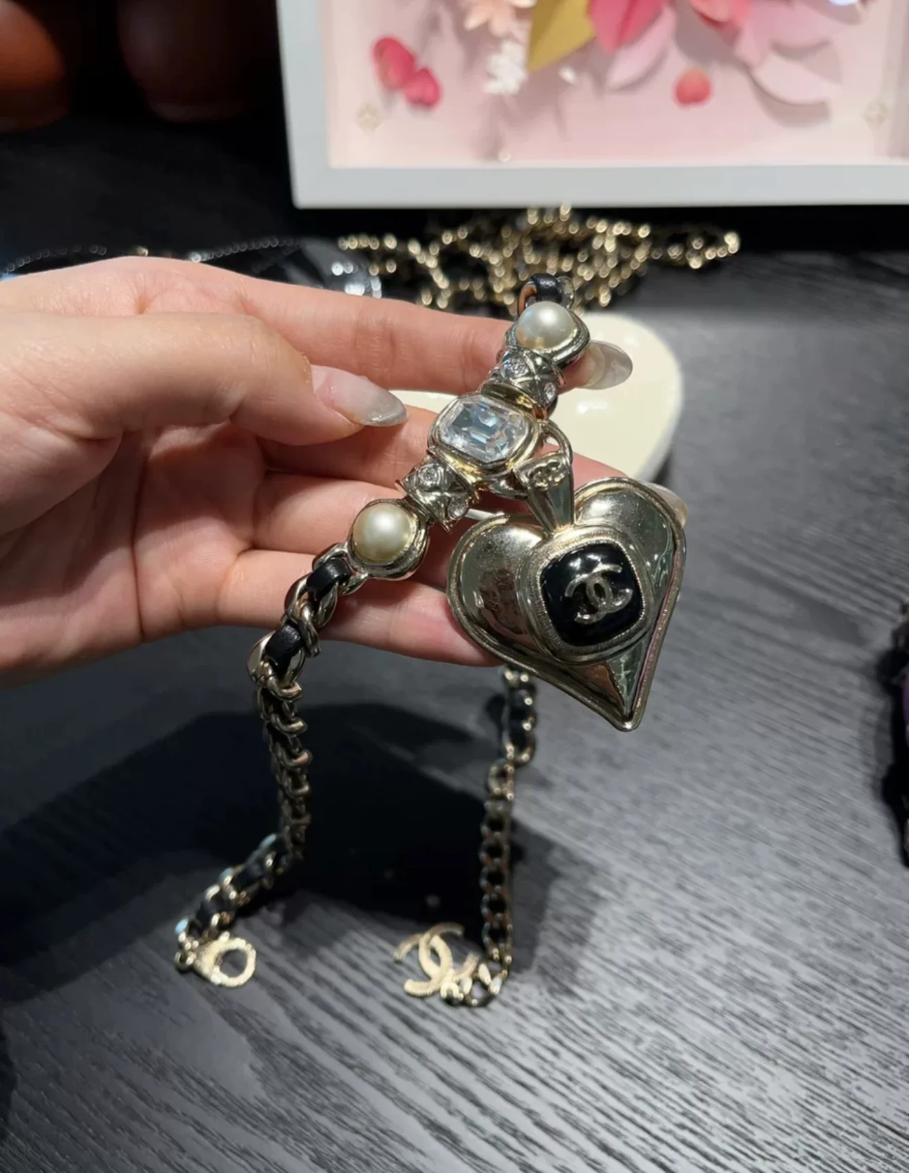 Chanel 21K Black Gold Leather Chain Double CC Heart Necklace - Image 3