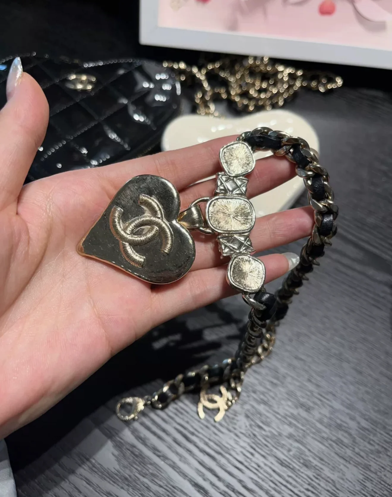 Chanel 21K Black Gold Leather Chain Double CC Heart Necklace - Image 4