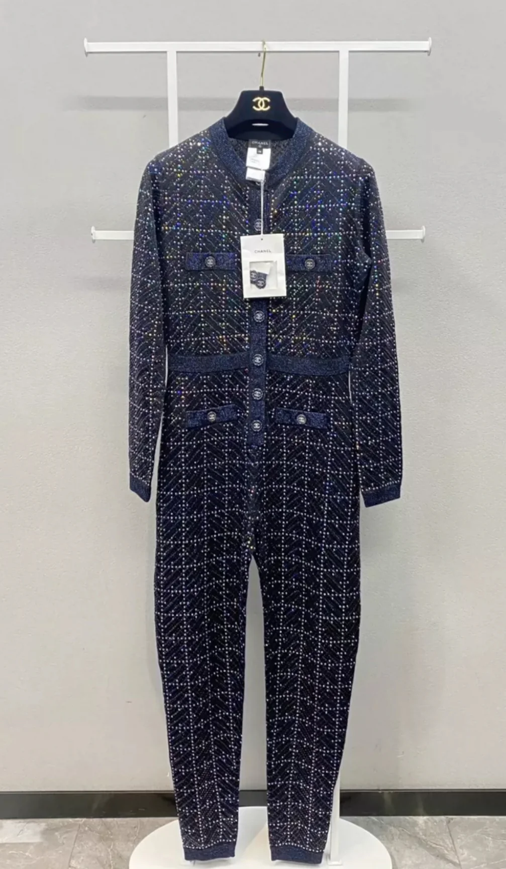 Chanel 21K Black, Silver & Multicolor Viscose Jumpsuit