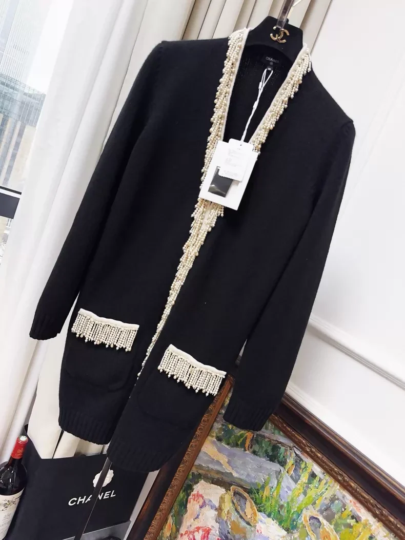 Chanel 21K pearl tassel and rhinestone black cashmere knit cardigan