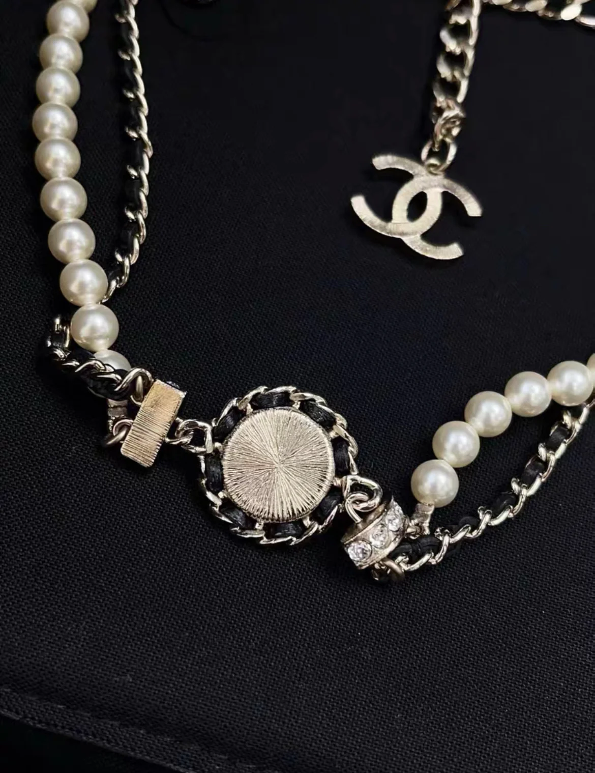 Chanel 21K Leather Chain Pearl Double Layer Necklace Choker - Image 3