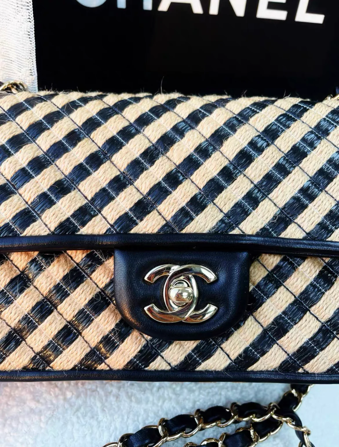 Chanel 21P Small Urban Jungle Flap Beige and Black Stripe Raffia Jute Gold Hardware - Image 2