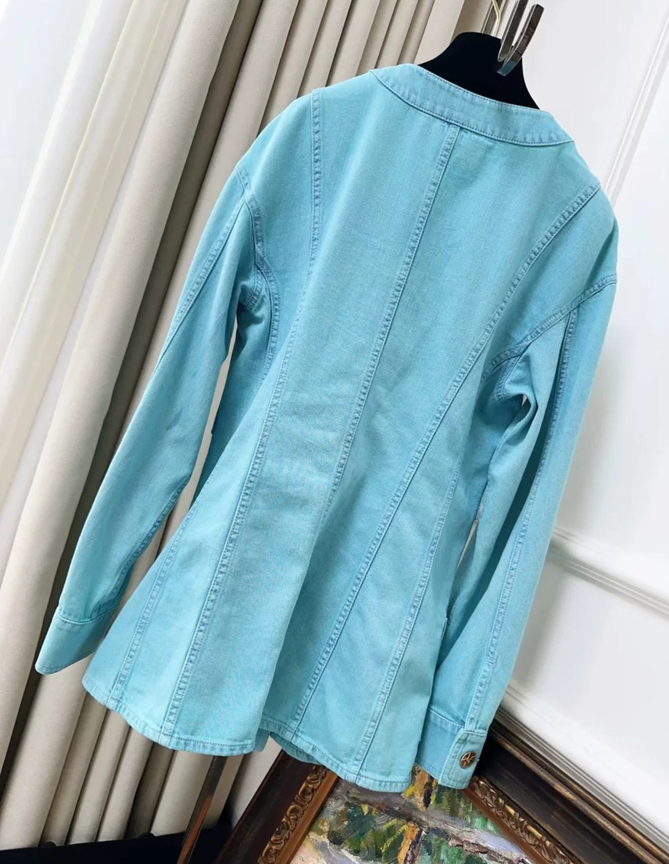 Chanel 21S Turquoise Blue Denim Camellia BroochJacket - Image 2