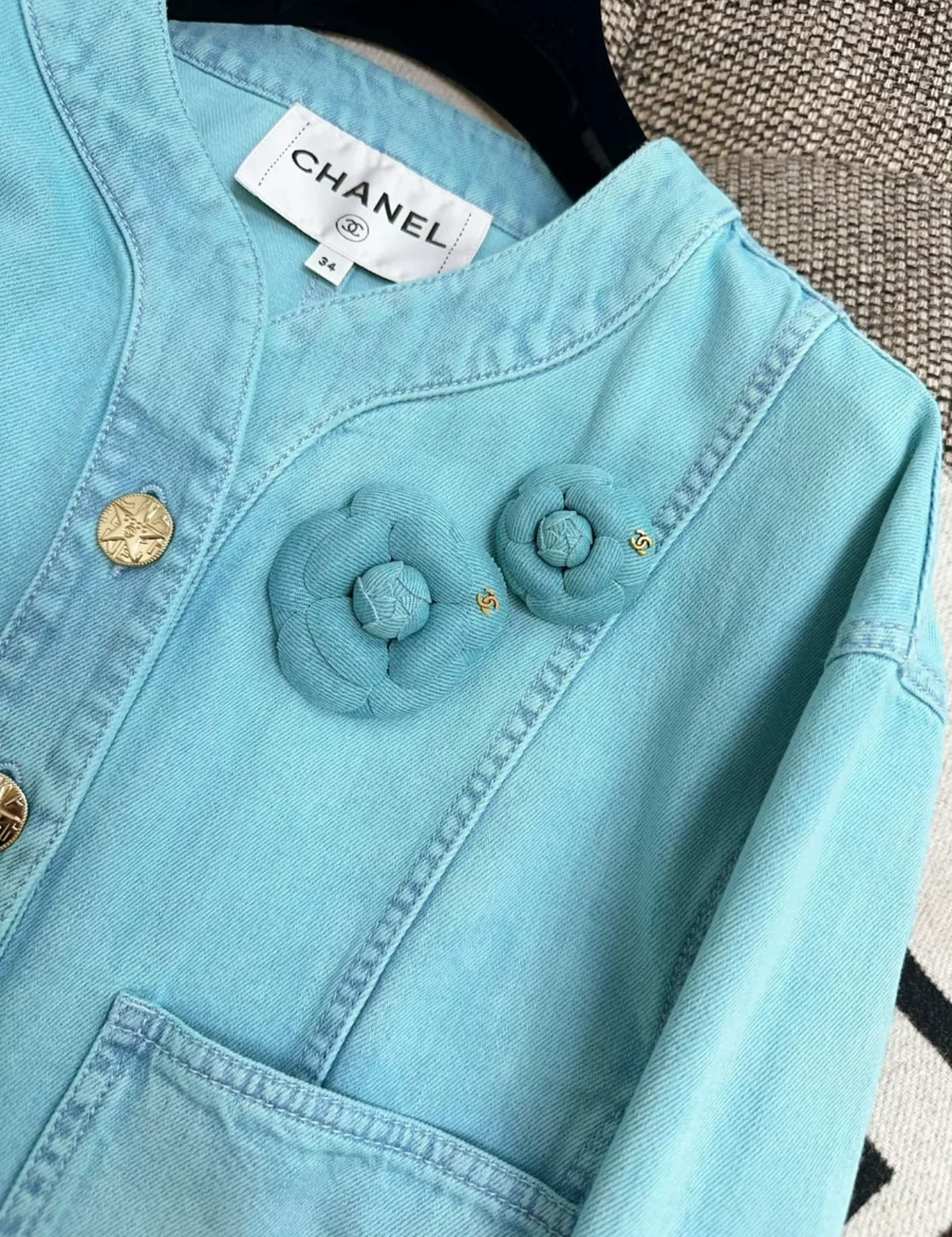 Chanel 21S Turquoise Blue Denim Camellia BroochJacket - Image 3