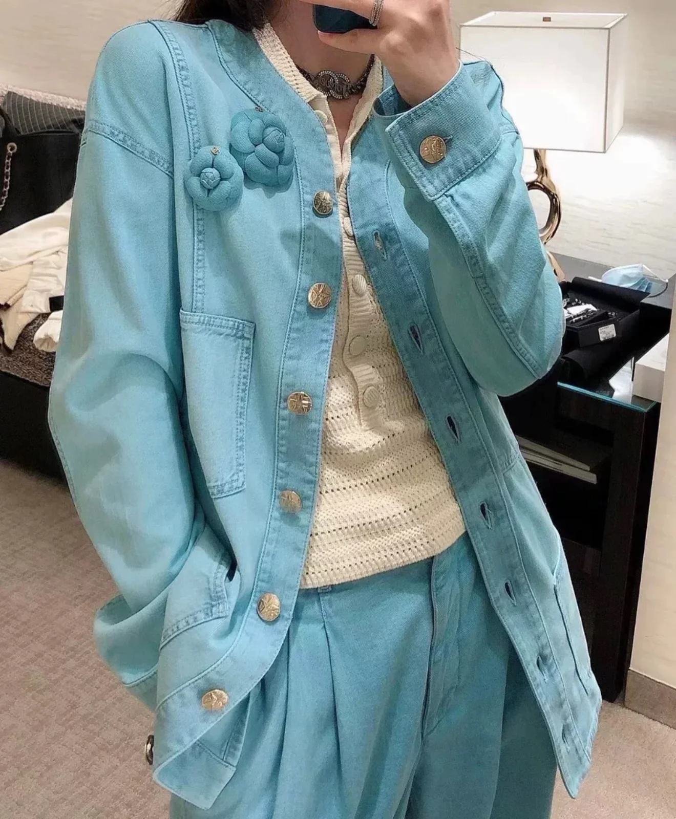 Chanel 21S Turquoise Blue Denim Camellia BroochJacket - Image 4