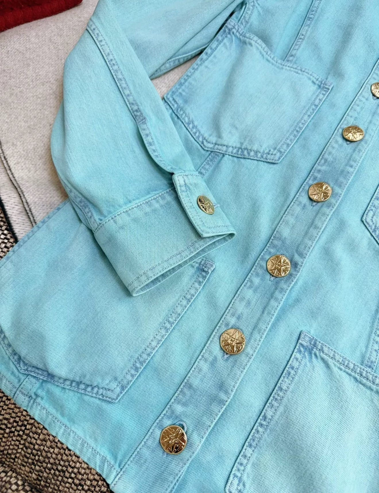 Chanel 21S Turquoise Blue Denim Camellia BroochJacket - Image 6