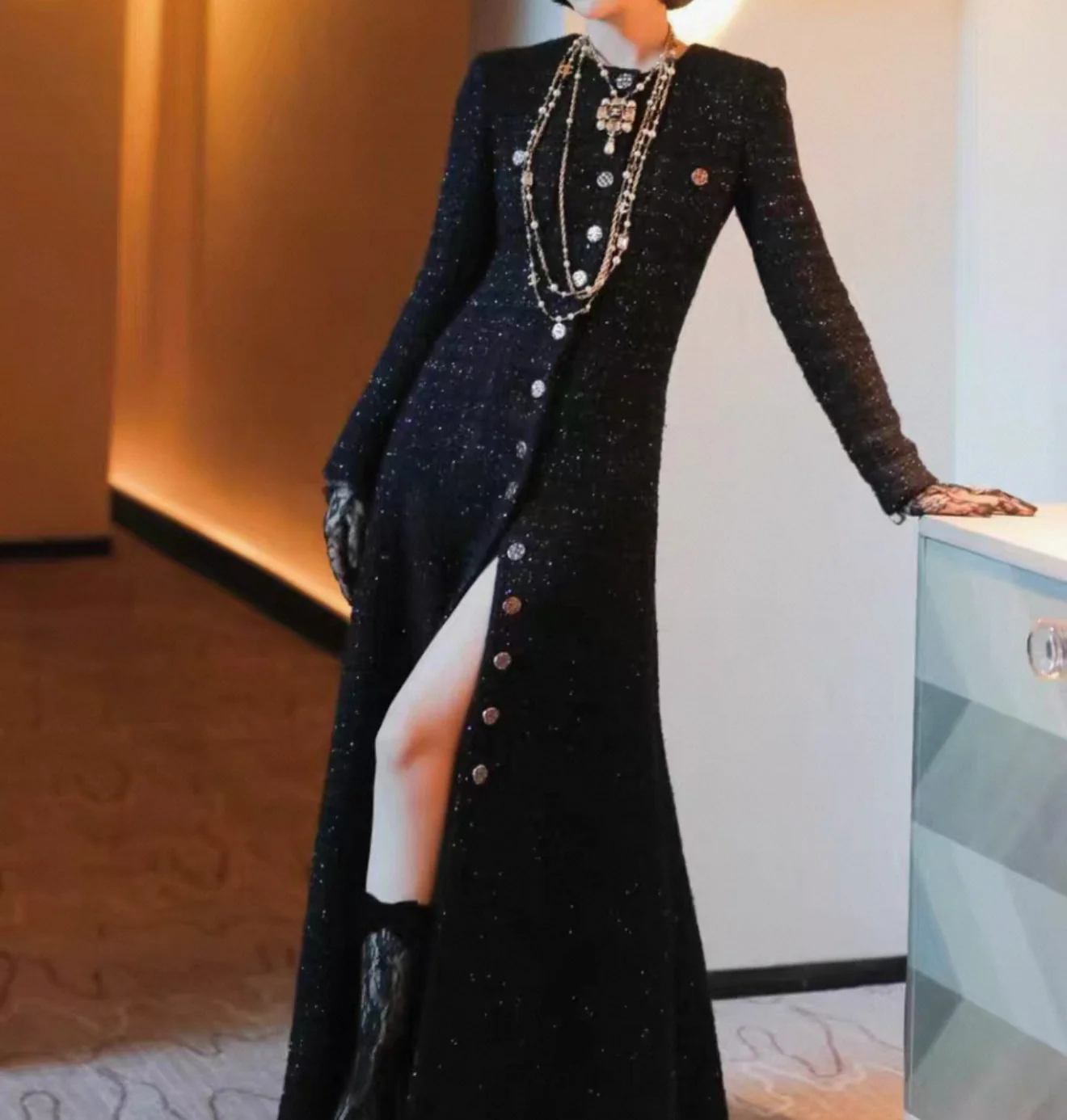 Chanel 22A Black Sequinned Long Coat 36FR - Image 4