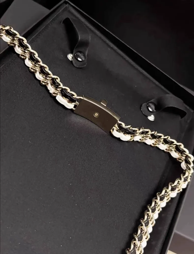 Chanel 22A Black and White Leather Long Necklace Waist Chain - Image 2