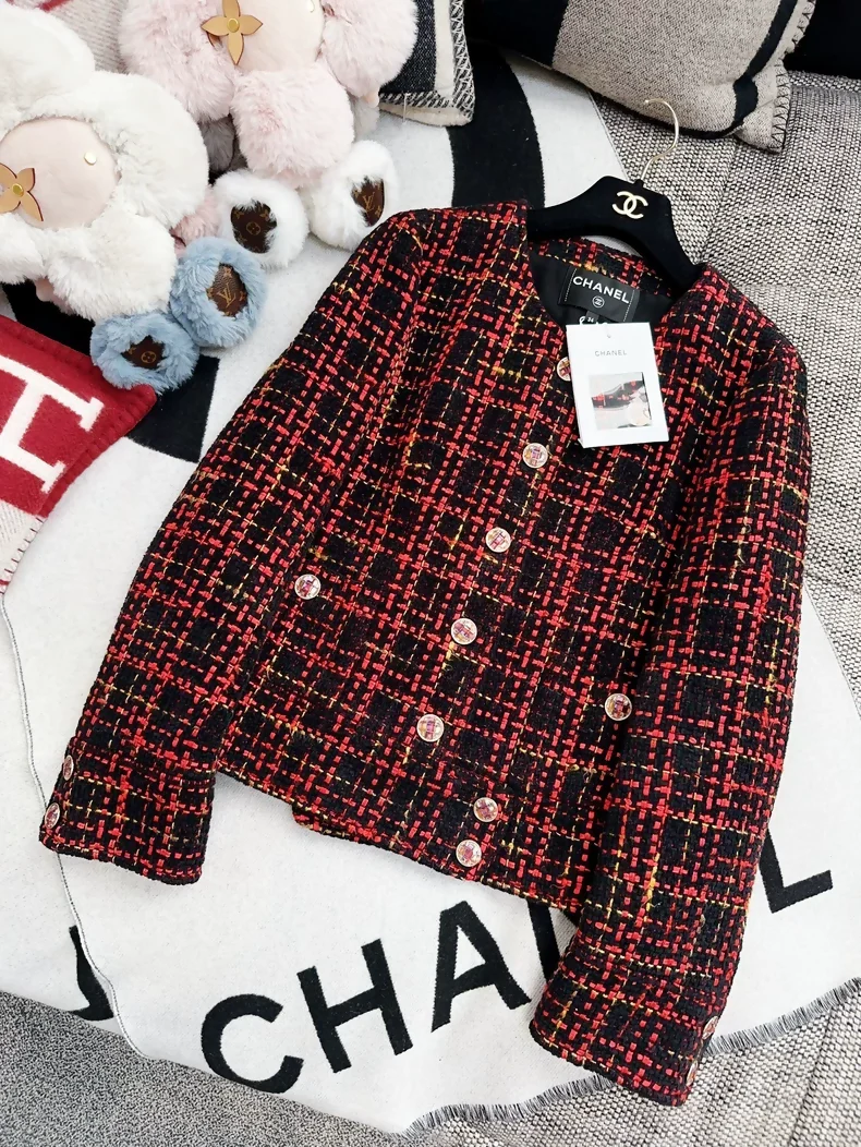 Chanel 22a jacket in red and black checkered tweed