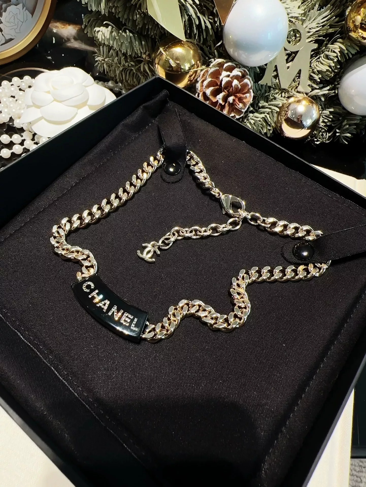 Chanel 22B Black Acrylic Letter Gold Chain Necklace