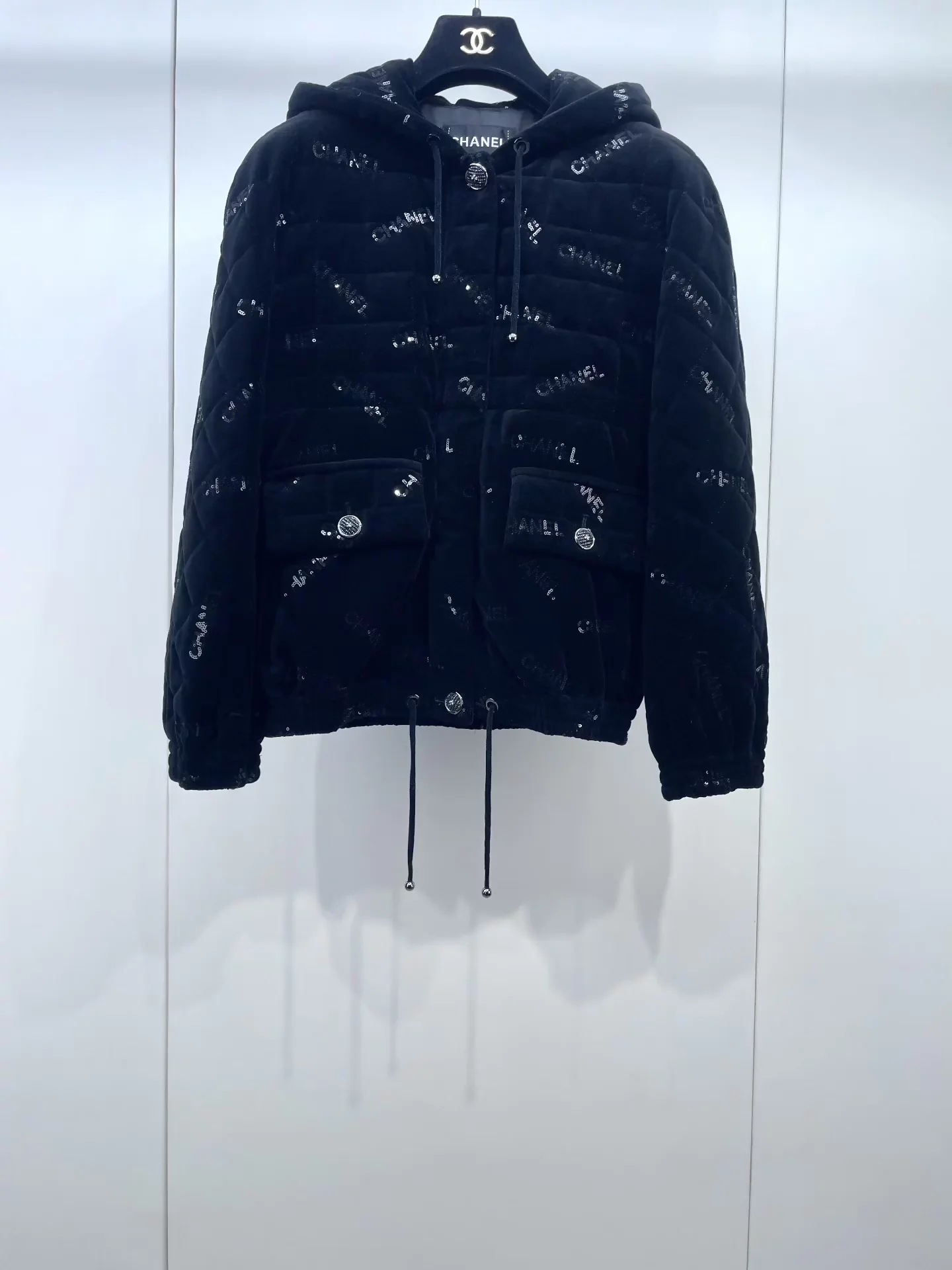 Chanel 22B Black Sequin CC Velvet Down Jacket